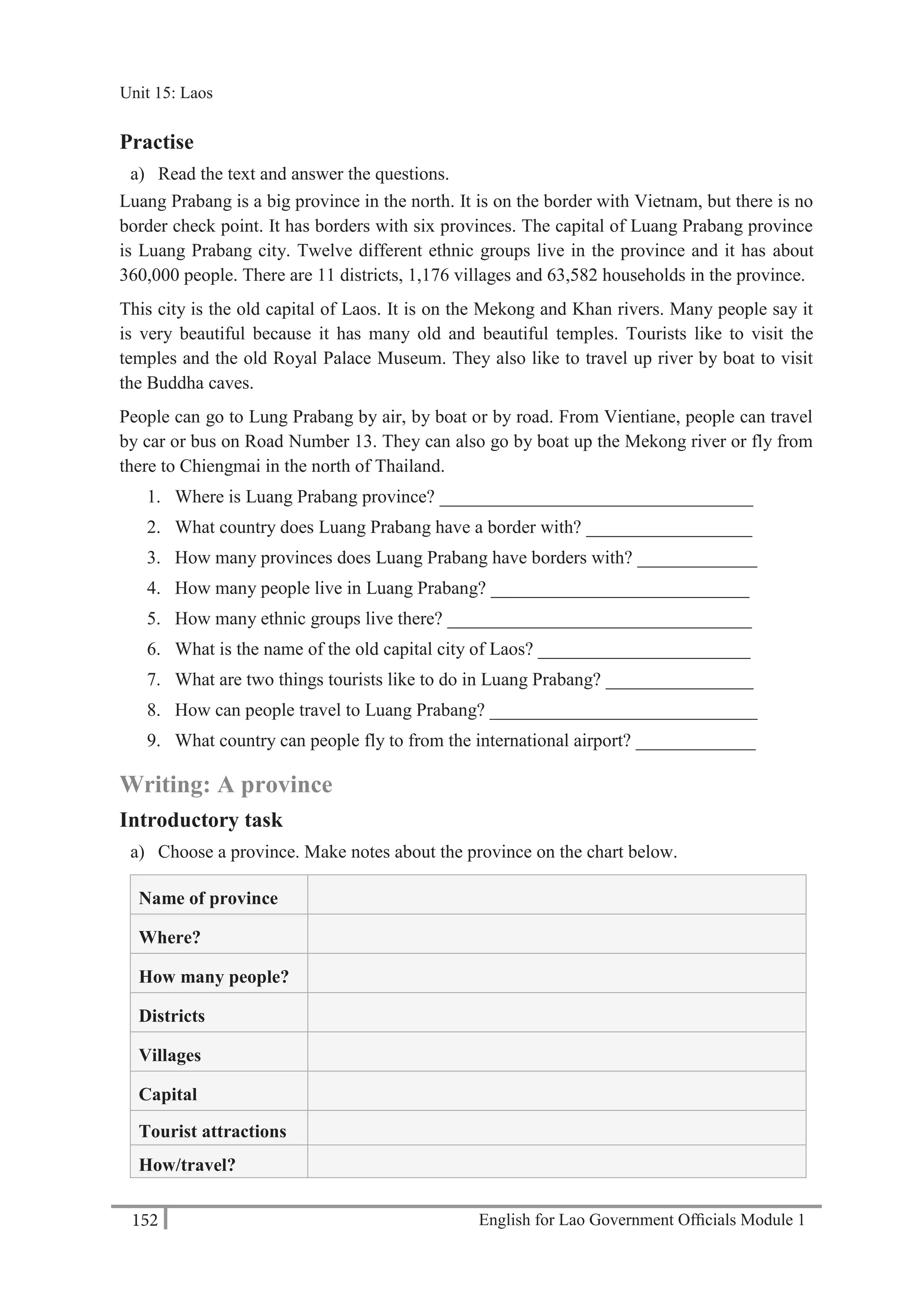 English for Lao Government Ofﬁcials Module 1152
Unit 15 Laos
152 English for Lao Government Officials Module 1
Practise
a) Read the text and answer the questions.
Luang Prabang is a big province in the north. It is on the border with Vietnam, but there is no
border check point. It has borders with six provinces. The capital of Luang Prabang province
is Luang Prabang city. Twelve different ethnic groups live in the province and it has about
360,000 people. There are 11 districts, 1,176 villages and 63,582 households in the province.
This city is the old capital of Laos. It is on the Mekong and Khan rivers. Many people say it
is very beautiful because it has many old and beautiful temples. Tourists like to visit the
temples and the old Royal Palace Museum. They also like to travel up river by boat to visit
the Buddha caves.
People can go to Lung Prabang by air, by boat or by road. From Vientiane, people can travel
by car or bus on Road Number 13. They can also go by boat up the Mekong river or fly from
there to Chiengmai in the north of Thailand.
1. Where is Luang Prabang province? __________________________________
2. What country does Luang Prabang have a border with? __________________
3. How many provinces does Luang Prabang have borders with? _____________
4. How many people live in Luang Prabang? ____________________________
5. How many ethnic groups live there? _________________________________
6. What is the name of the old capital city of Laos? _______________________
7. What are two things tourists like to do in Luang Prabang? ________________
8. How can people travel to Luang Prabang? _____________________________
9. What country can people fly to from the international airport? _____________
Writing: A province
Introductory task
a) Choose a province. Make notes about the province on the chart below.
Name of province
Where?
How many people?
Districts
Villages
Capital
Tourist attractions
How/travel?
Unit 15: Laos
 