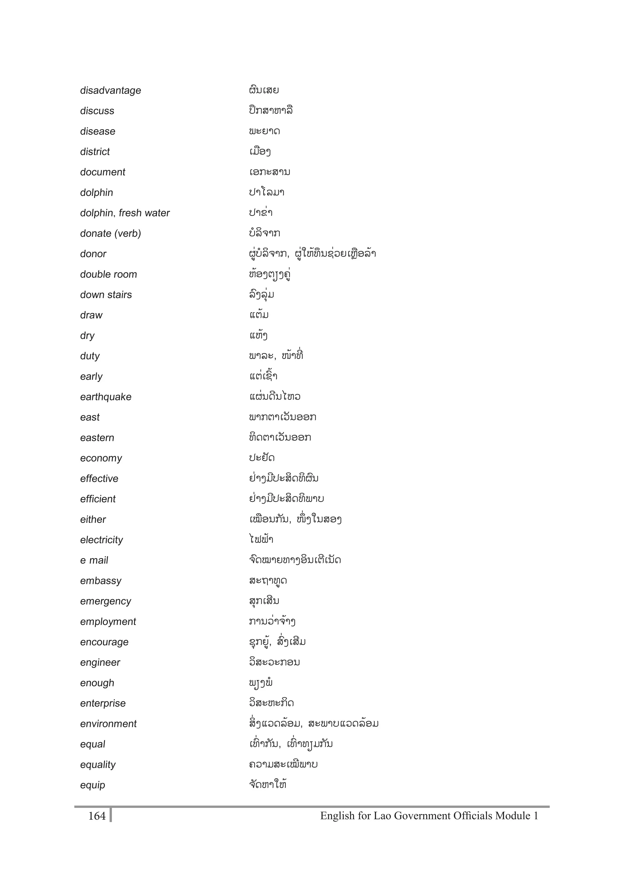 English for Lao Government Ofﬁcials Module 1164164 English for Lao Government Officials Module 1
disadvantage ຜນເສຍ
discuss ປຶກສາຫາລ
disease ພະຍາດ
district ເມອງ
document ເອກະສານ
dolphin ປາໂລມາ
dolphin, fresh water ປາຂໍ່າ
donate (verb) ບລິຈາກ
donor ຜໍ່ບລິຈາກ, ຜໍ່ໃຫ້ທນຊໍ່ວຍເຫຼອລ້າ
double room ຫ້ອງຕຽງຄໍ່
down stairs ລງລຸໍ່ມ
draw ແຕ້ມ
dry ແຫ້ງ
duty ພາລະ, ໜ້າທີໍ່
early ແຕໍ່ເຊ້າ
earthquake ແຜໍ່ນດີນໄຫວ
east ພາກຕາເວັນອອກ
eastern ທິດຕາເວັນອອກ
economy ປະຢັດ
effective ຢໍ່າງມີປະສິດທິຜນ
efficient ຢໍ່າງມີປະສິດທິພາບ
either ເໝອນກັນ, ໜຶໍ່ ງໃນສອງ
electricity ໄຟຟ້າ
e- mail ຈດໝາຍທາງອິນເຕີເນັດ
embassy ສະຖາທດ
emergency ສຸກເສີນ
employment ການວໍ່າຈ້າງ
encourage ຊຸກຍ້, ສໍ່ງເສີມ
engineer ວິສະວະກອນ
enough ພຽງພ
enterprise ວິສະຫະກິດ
environment ສິໍ່ ງແວດລ້ອມ, ສະພາບແວດລ້ອມ
equal ເທໍ່ າກັນ, ເທໍ່ າທຽມກ ັນ
equality ຄວາມສະເໝີພາບ
equip ຈ ັດຫາໃຫ້
 