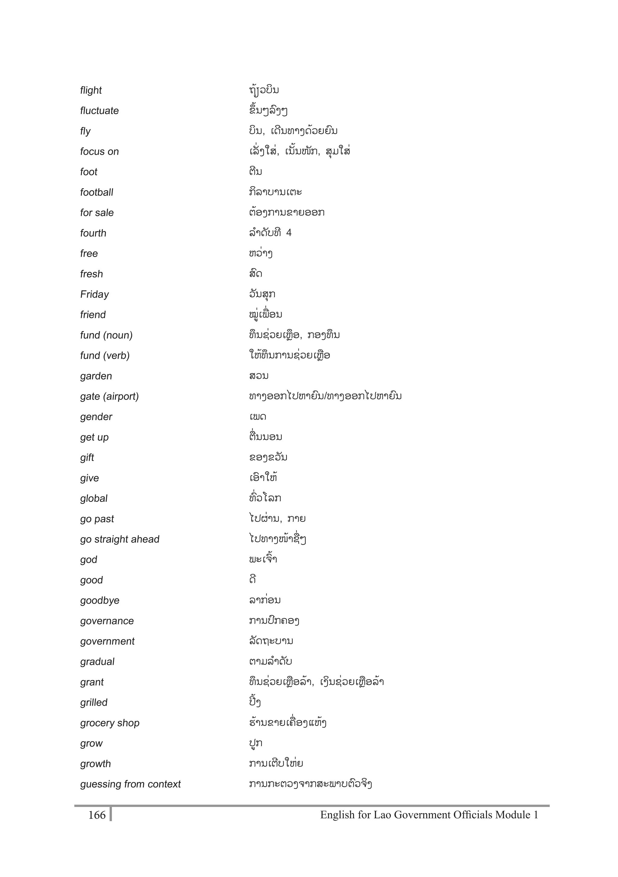 English for Lao Government Ofﬁcials Module 1166166 English for Lao Government Officials Module 1
flight ຖ້ຽວບິນ
fluctuate ຂຶ້ນໆລງໆ
fly ບິນ, ເດີນທາງດ້ວຍຍນ
focus on ເລັໍ່ງໃສໍ່, ເນັ້ນໜັກ, ສຸມໃສໍ່
foot ຕີນ
football ກິລາບານເຕະ
for sale ຕ້ອງການຂາຍອອກ
fourth ລາດັບທີ 4
free ຫວໍ່າງ
fresh ສດ
Friday ວັນສຸກ
friend ໝໍ່ເພໍ່ອນ
fund (noun) ທຶນຊໍ່ວຍເຫຼຶອ, ກອງທຶນ
fund (verb) ໃຫ້ທຶນການຊໍ່ວຍເຫຼອ
garden ສວນ
gate (airport) ທາງອອກໄປຫາຍນ/ທຳງອອກໄປຫຳຍົນ
gender ເພດ
get up ຕໍ່ນນອນ
gift ຂອງຂວັນ
give ເອາໃຫ້
global ທໍ່ວໂລກ
go past ໄປຜໍ່ານ, ກາຍ
go straight ahead ໄປທາງໜ້າຊໍ່ໆ
god ພະເຈ້າ
good ດີ
goodbye ລາກໍ່ອນ
governance ການປກຄອງ
government ລັດຖະບານ
gradual ຕາມລາດັບ
grant ທຶນຊໍ່ວຍເຫຼອລ້າ, ເງິນຊໍ່ວຍເຫຼອລ້າ
grilled ປີຼິ້ງ
grocery shop ຮ້ານຂາຍເຄໍ່ ອງແຫ້ງ
grow ປກ
growth ການເຕີບໃຫໍ່ຍ
guessing from context ການກະຕວງຈາກສະພາບຕວຈິງ
 