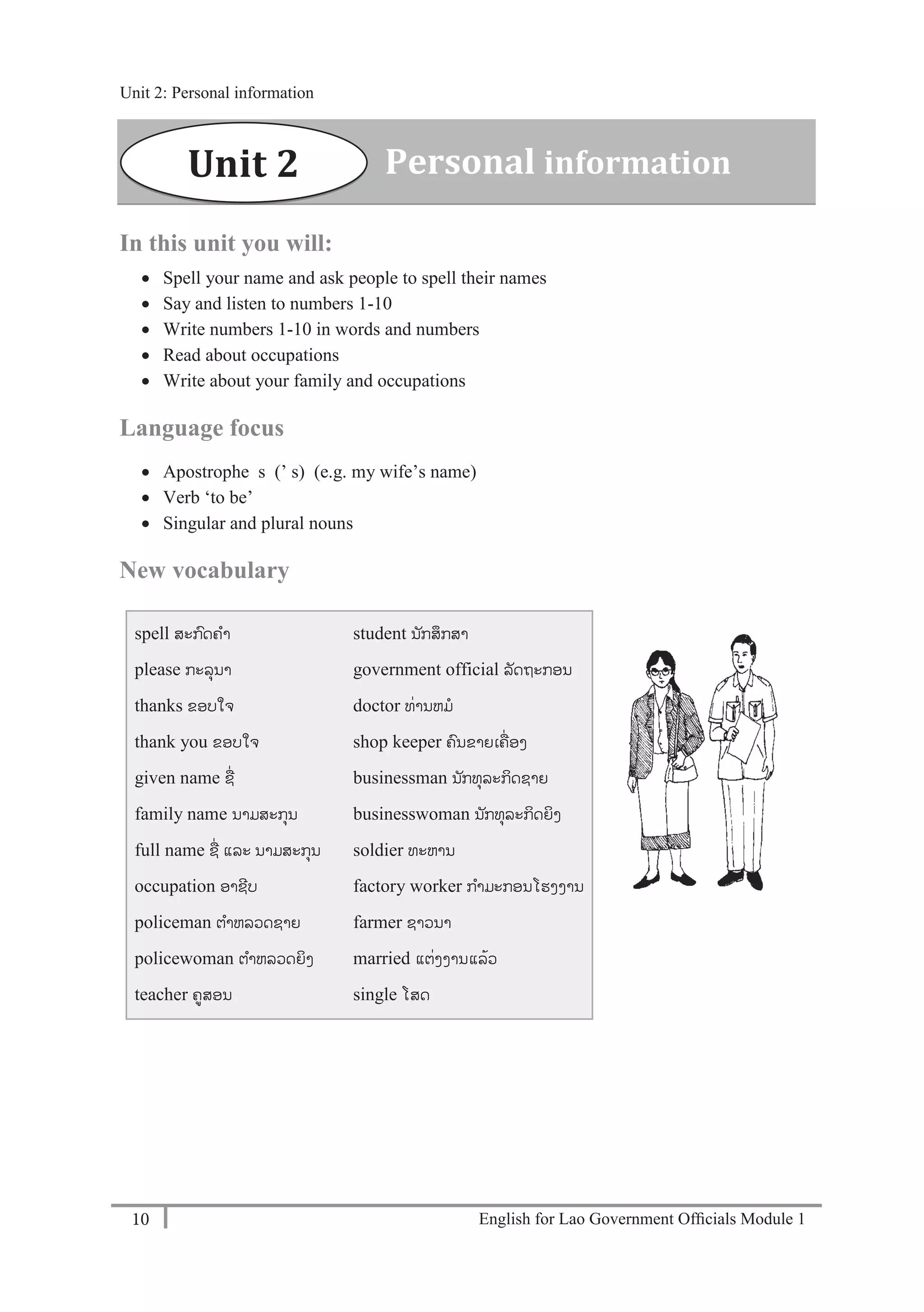 English for Lao Government Ofﬁcials Module 110
Unit 2: Personal information
10 English for Lao Government Officials Module 1
In this unit you will:
 Spell your name and ask people to spell their names
 Say and listen to numbers 1-10
 Write numbers 1-10 in words and numbers
 Read about occupations
 Write about your family and occupations
Language focus
 Apostrophe s (’ s) (e.g. my wife’s name)
 Verb ‘to be’
 Singular and plural nouns
New vocabulary
spell ສະກດຄາ
please ກະລຸນາ
thanks ຂອບໃຈ
thank you ຂອບໃຈ
given name ຊໍ່
family name ນາມສະກຸນ
full name ຊໍ່ ແລະ ນາມສະກຸນ
occupation ອາຊີບ
policeman ຕາຫລວດຊາຍ
policewoman ຕາຫລວດຍິງ
teacher ຄສອນ
student ນັກສຶກສາ
government official ລັດຖະກອນ
doctor ທໍ່ານຫມ
shop keeper ຄນຂາຍເຄໍ່ ອງ
businessman ນັກທຸລະກິດຊາຍ
businesswoman ນັກທຸລະກິດຍິງ
soldier ທະຫານ
factory worker ກາມະກອນໂຮງງານ
farmer ຊາວນາ
married ແຕໍ່ງງານແລ້ວ
single ໂສດ
Unit 2 Personal information
Unit 2: Personal information
 
