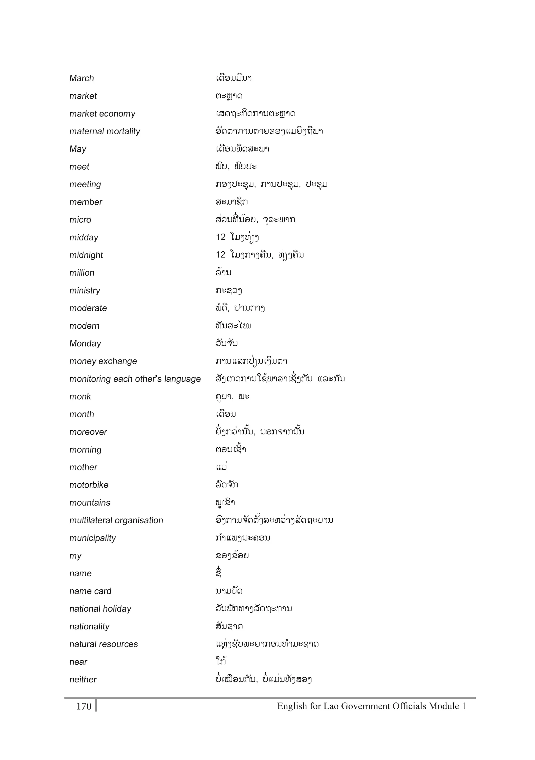 English for Lao Government Ofﬁcials Module 1170170 English for Lao Government Officials Module 1
March ເດອນມີນາ
market ຕະຫຼາດ
market economy ເສດຖະກິດການຕະຫຼາດ
maternal mortality ອັດຕາການຕາຍຂອງແມໍ່ຍິງຖພາ
May ເດອນພຶດສະພາ
meet ພບ, ພບປະ
meeting ກອງປະຊຸມ, ການປະຊຸມ, ປະຊຸມ
member ສະມາຊິກ
micro ສໍ່ວນທີໍ່ ນ້ອຍ, ຈຸລະພາກ
midday 12 ໂມງທໍ່ຽງ
midnight 12 ໂມງກາງຄນ, ທໍ່ຽງຄນ
million ລ້ານ
ministry ກະຊວງ
moderate ພດີ, ປານກາງ
modern ທັນສະໄໝ
Monday ວັນຈ ັນ
money exchange ການແລກປໍ່ຽນເງິນຕາ
monitoring each other’s language ສັງເກດການໃຊ້ພາສາເຊິໍ່ງກັນ ແລະກັນ
monk ຄບາ, ພະ
month ເດອນ
moreover ຍິໍ່ງກວໍ່ານັ້ນ, ນອກຈາກນັ້ນ
morning ຕອນເຊ້າ
mother ແມໍ່
motorbike ລດຈ ັກ
mountains ພເຂາ
multilateral organisation ອງການຈ ັດຕັ້ງລະຫວໍ່າງລັດຖະບານ
municipality ກາແພງນະຄອນ
my ຂອງຂ້ອຍ
name ຊໍ່
name card ນາມບັດ
national holiday ວັນພັກທາງລັດຖະການ
nationality ສັນຊາດ
natural resources ແຫຼໍ່ງຊັບພະຍາກອນທາມະຊາດ
near ໃກ້
neither ບໍ່ເໝອນກັນ, ບໍ່ແມໍ່ນທງສອງ
 