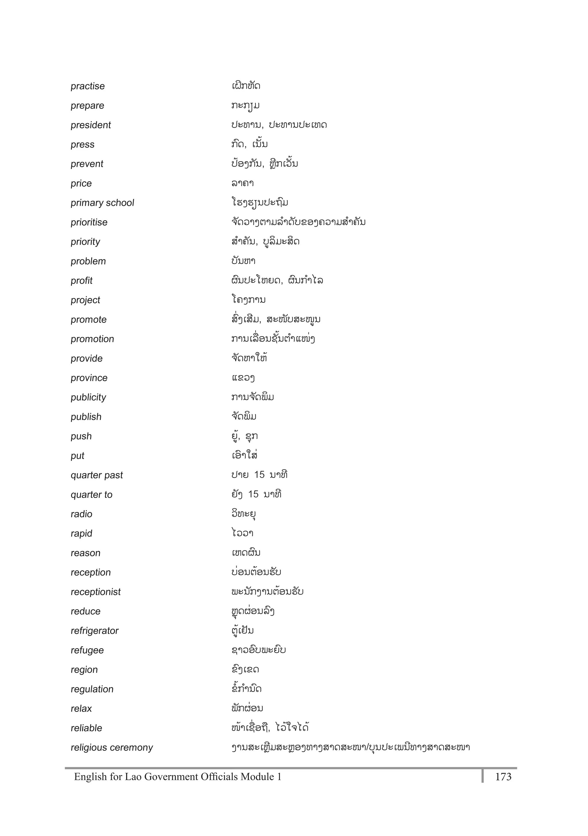 English for Lao Government Ofﬁcials Module 1 173173 English for Lao Government Officials Module 1
practise ເຝກຫັດ
prepare ກະກຽມ
president ປະທານ, ປະທານປະເທດ
press ກດ, ເນັ້ນ
prevent ປ້ອງກັນ, ຫຼີກເວັ້ນ
price ລາຄາ
primary school ໂຮງຮຽນປະຖມ
prioritise ຈ ັດວາງຕາມລາດັບຂອງຄວາມສາຄັນ
priority ສາຄັນ, ບລິມະສິດ
problem ບັນຫາ
profit ຜນປະໂຫຍດ, ຜນກາໄລ
project ໂຄງການ
promote ສໍ່ງເສີມ, ສະໜັບສະໜນ
promotion ການເລໍ່ ອນຊັ້ນຕາແໜໍ່ງ
provide ຈ ັດຫາໃຫ້
province ແຂວງ
publicity ການຈ ັດພິມ
publish ຈ ັດພິມ
push ຍ້, ຊຸກ
put ເອາໃສໍ່
quarter past ປາຍ 15 ນາທີ
quarter to ຍັງ 15 ນາທີ
radio ວິທະຍຸ
rapid ໄວວາ
reason ເຫດຜນ
reception ບໍ່ອນຕ້ອນຮັບ
receptionist ພະນັກງານຕ້ອນຮັບ
reduce ຫຼຸດຜໍ່ອນລງ
refrigerator ຕ້ເຢັນ
refugee ຊາວອບພະຍບ
region ຂງເຂດ
regulation ຂ້ການດ
relax ພັກຜໍ່ອນ
reliable ໜ້າເຊໍ່ອຖ, ໄວ້ໃຈໄດ້
religious ceremony ງານສະເຫຼີມສະຫຼອງທາງສາດສະໜາ/ບຸນປະເພນີທຳງສຳດສະໜຳ
 