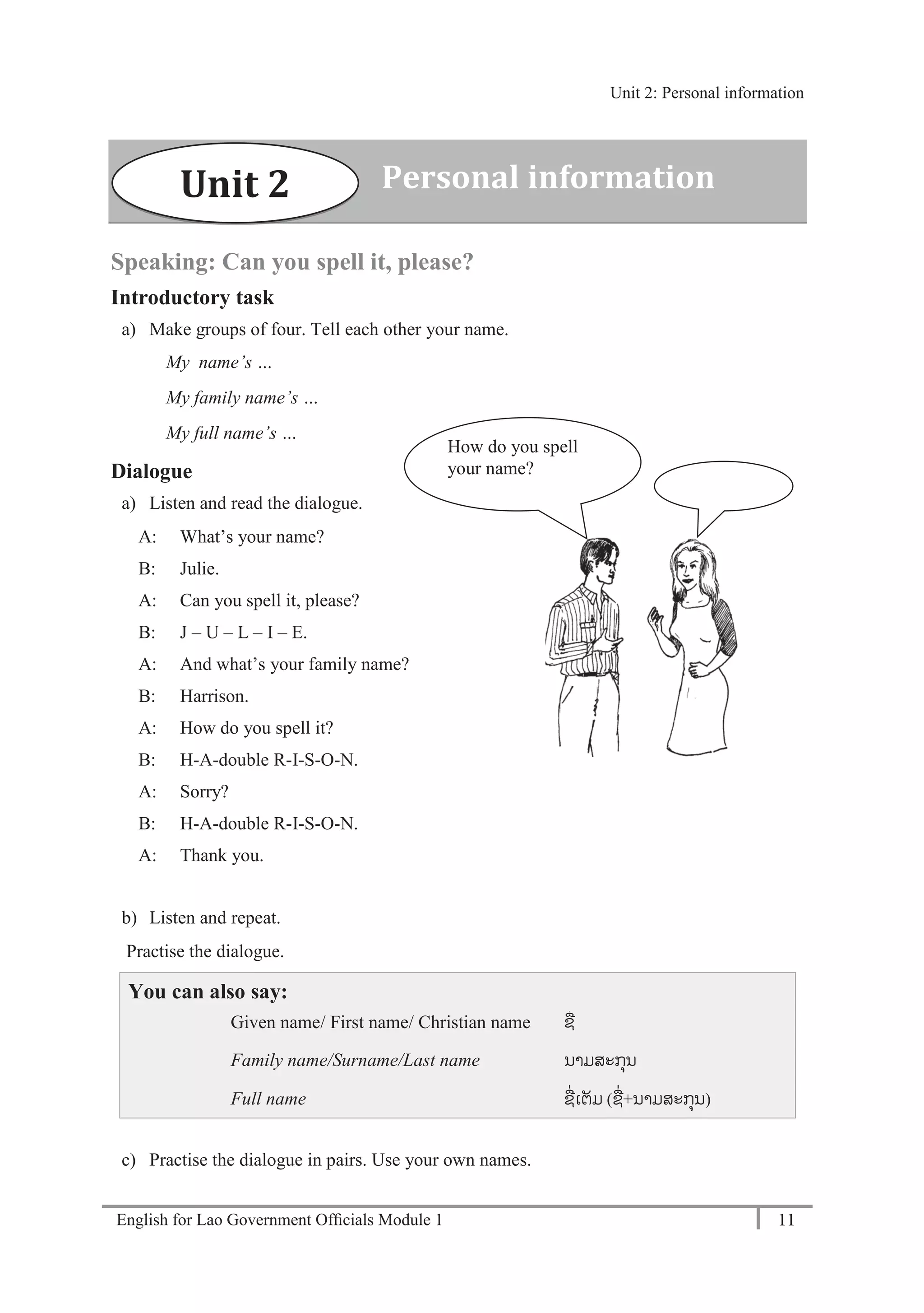 English for Lao Government Ofﬁcials Module 1 11
Unit 2: Personal information
11 English for Lao Government Officials Module 1
Speaking: Can you spell it, please?
Introductory task
a) Make groups of four. Tell each other your name.
My name’s …
My family name’s …
My full name’s …
Dialogue
a) Listen and read the dialogue.
A: What’s your name?
B: Julie.
A: Can you spell it, please?
B: J – U – L – I – E.
A: And what’s your family name?
B: Harrison.
A: How do you spell it?
B: H-A-double R-I-S-O-N.
A: Sorry?
B: H-A-double R-I-S-O-N.
A: Thank you.
b) Listen and repeat.
Practise the dialogue.
You can also say:
Given name/ First name/ Christian name ຊໍ່
Family name/Surname/Last name ນາມສະກຸນ
Full name ຊໍ່ເຕັມ (ຊໍ່+ນາມສະກຸນ)
c) Practise the dialogue in pairs. Use your own names.
How do you spell
your name?
Unit 2 Personal information
J
-
U
-
L
-
I
-
E
Unit 2: Personal information
 