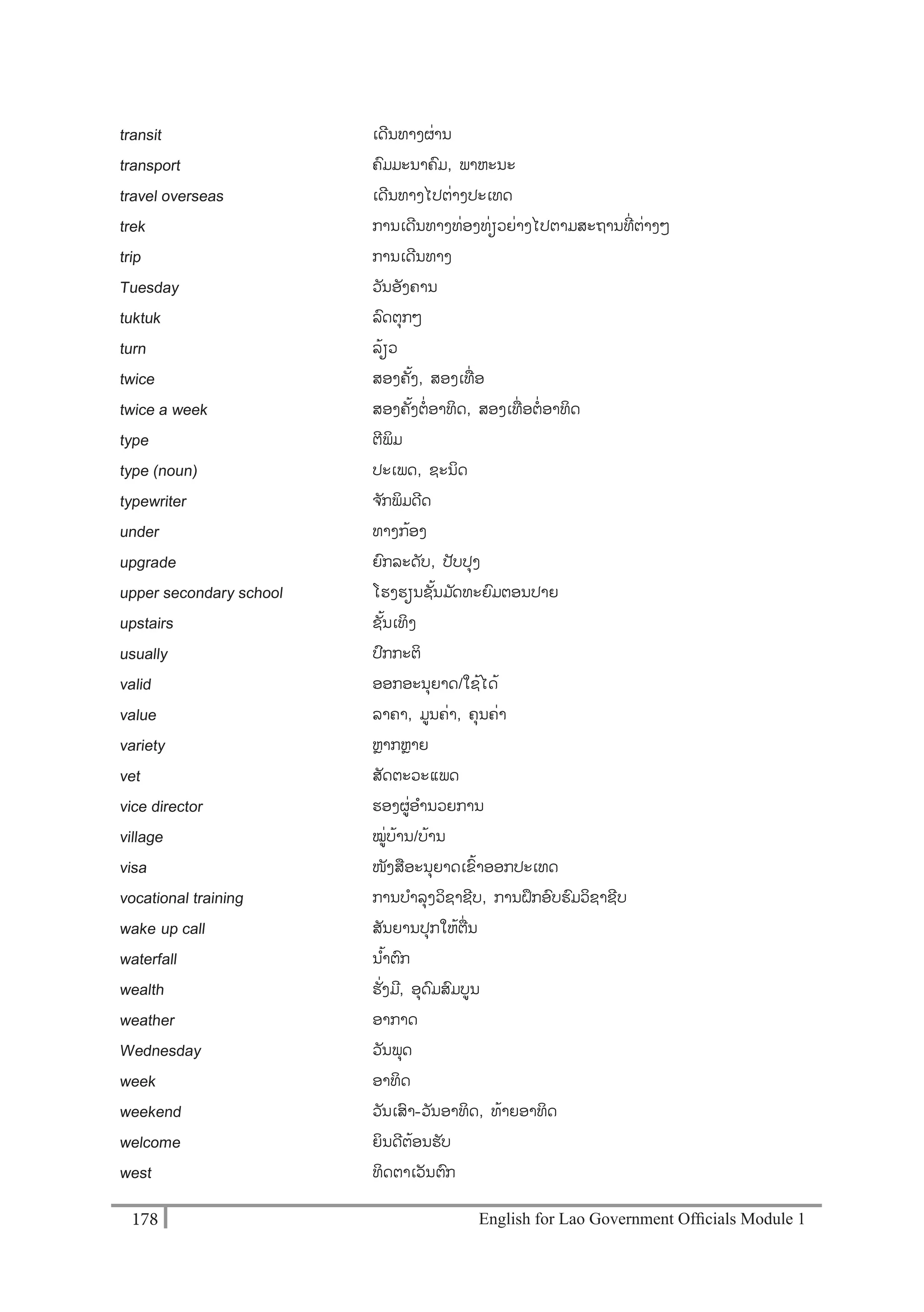 English for Lao Government Ofﬁcials Module 1178178 English for Lao Government Officials Module 1
transit ເດີນທາງຜໍ່ານ
transport ຄມມະນາຄມ, ພາຫະນະ
travel overseas ເດີນທາງໄປຕໍ່າງປະເທດ
trek ການເດີນທາງທໍ່ອງທໍ່ຽວຍໍ່າງໄປຕາມສະຖານທີໍ່ ຕໍ່າງໆ
trip ການເດີນທາງ
Tuesday ວັນອັງຄານ
tuktuk ລດຕຸກໆ
turn ລ້ຽວ
twice ສອງຄັ້ງ, ສອງເທໍ່ ອ
twice a week ສອງຄັ້ງຕໍ່ອາທິດ, ສອງເທໍ່ ອຕໍ່ອາທິດ
type ຕີພິມ
type (noun) ປະເພດ, ຊະນິດ
typewriter ຈ ັກພິມດີດ
under ທາງກ້ອງ
upgrade ຍກລະດັບ, ປັບປຸງ
upper secondary school ໂຮງຮຽນຊັ້ນມ ັດທະຍມຕອນປາຍ
upstairs ຊັ້ນເທິງ
usually ປກກະຕິ
valid ອອກອະນຸຍາດ/ໃຊຼິ້ໄດຼິ້
value ລາຄາ, ມນຄໍ່າ, ຄຸນຄໍ່າ
variety ຫຼາກຫຼາຍ
vet ສັດຕະວະແພດ
vice director ຮອງຜໍ່ອານວຍການ
village ໝໍ່ບ້ານ/ບຼິ້ຳນ
visa ໜັງສອະນຸຍາດເຂ້າອອກປະເທດ
vocational training ການບາລຸງວິຊາຊີບ, ການຝຶກອບຮມວິຊາຊີບ
wake- up call ສັນຍານປຸກໃຫ້ຕໍ່ນ
waterfall ນ ້າຕກ
wealth ຮັໍ່ງມີ, ອຸດມສມບນ
weather ອາກາດ
Wednesday ວັນພຸດ
week ອາທິດ
weekend ວັນເສາ-ວັນອາທິດ, ທ້າຍອາທິດ
welcome ຍິນດີຕ້ອນຮັບ
west ທິດຕາເວັນຕກ
 