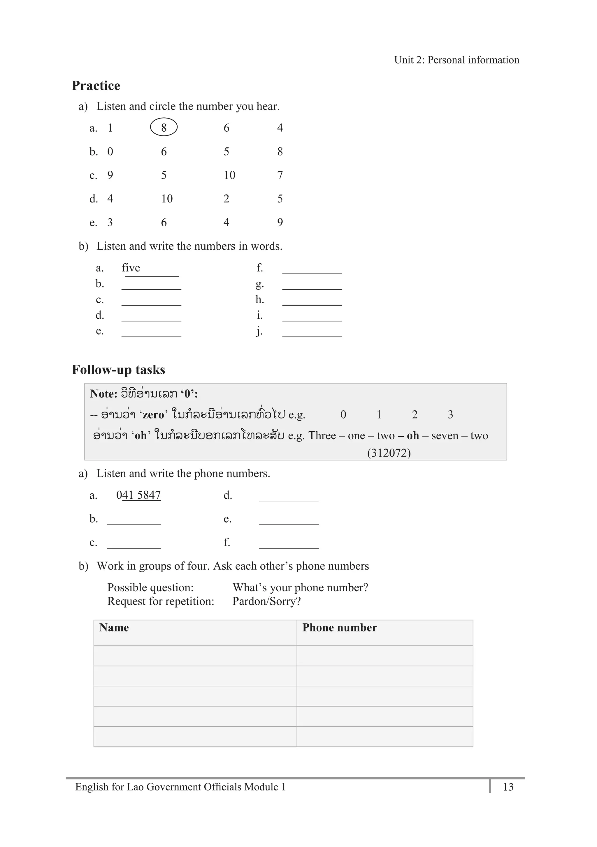 English for Lao Government Ofﬁcials Module 1 13
Unit 2: Personal information
13 English for Lao Government Officials Module 1
Practice
a) Listen and circle the number you hear.
a. 1 8 6 4
b. 0 6 5 8
c. 9 5 10 7
d. 4 10 2 5
e. 3 6 4 9
b) Listen and write the numbers in words.
a. five f. __________
b. __________ g. __________
c. __________ h. __________
d. __________ i. __________
e. __________ j. __________
Follow-up tasks
Note: ວິທີອໍ່ານເລກ ‘0’:
-- ອໍ່ານວໍ່າ ‘zero’ ໃນກລະນີອໍ່ານເລກທໍ່ວໄປ e.g. 0 1 2 3
ອໍ່ານວໍ່າ ‘oh’ ໃນກລະນີບອກເລກໂທລະສັບ e.g. Three – one – two – oh – seven – two
(312072)
a) Listen and write the phone numbers.
a. 041 5847 d. __________
b. _________ e. __________
c. _________ f. __________
b) Work in groups of four. Ask each other’s phone numbers
Possible question: What’s your phone number?
Request for repetition: Pardon/Sorry?
Name Phone number
Unit 2: Personal information
 