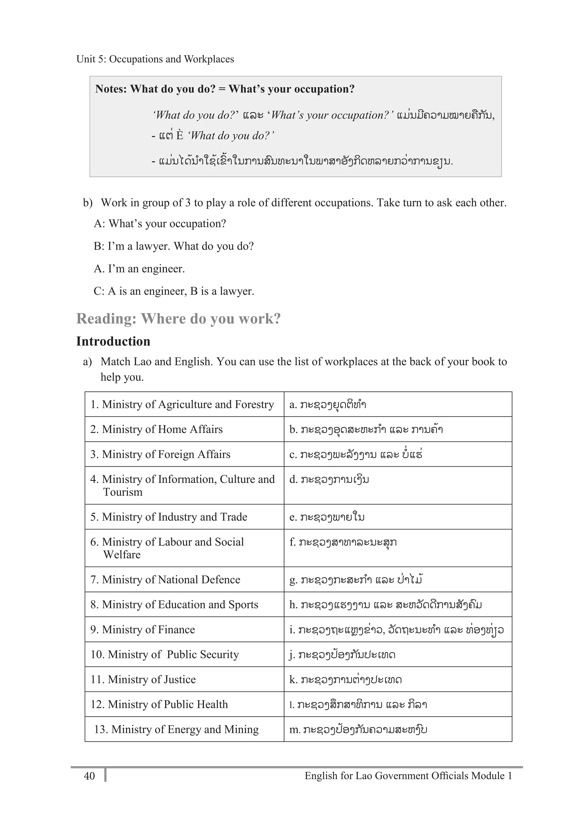 English for Lao Government Ofﬁcials Module 140
Unit 5: Occupations and Workplaces
40 English for Lao Government Officials Module 1
Notes: What do you do? = What’s your occupation?
‘What do you do?’ ແລະ ‘What’s your occupation?’ ແມໍ່ນມີຄວາມໝາຍຄກ ັນ,
- ແຕໍ່ È ‘What do you do?’
- ແມໍ່ນໄດ້ນາໃຊ້ເຂ້າໃນການສນທະນາໃນພາສາອັງກິດຫລາຍກວໍ່າການຂຽນ.
b) Work in group of 3 to play a role of different occupations. Take turn to ask each other.
A: What’s your occupation?
B: I’m a lawyer. What do you do?
A. I’m an engineer.
C: A is an engineer, B is a lawyer.
Reading: Where do you work?
Introduction
a) Match Lao and English. You can use the list of workplaces at the back of your book to
help you.
1. Ministry of Agriculture and Forestry a. ກະຊວງຍຸດຕິທາ
2. Ministry of Home Affairs b. ກະຊວງອຸດສະຫະກາ ແລະ ການຄ້າ
3. Ministry of Foreign Affairs c. ກະຊວງພະລັງງານ ແລະ ບໍ່ແຮໍ່
4. Ministry of Information, Culture and
Tourism
d. ກະຊວງການເງິນ
5. Ministry of Industry and Trade e. ກະຊວງພາຍໃນ
6. Ministry of Labour and Social
Welfare
f. ກະຊວງສາທາລະນະສຸກ
7. Ministry of National Defence g. ກະຊວງກະສະກາ ແລະ ປໍ່າໄມ້
8. Ministry of Education and Sports h. ກະຊວງແຮງງານ ແລະ ສະຫວັດດີການສັງຄມ
9. Ministry of Finance i. ກະຊວງຖະແຫງຂໍ່າວ, ວັດຖະນະທາ ແລະ ທໍ່ອງທໍ່ຽວ
10. Ministry of Public Security j. ກະຊວງປ້ອງກ ັນປະເທດ
11. Ministry of Justice k. ກະຊວງການຕໍ່າງປະເທດ
12. Ministry of Public Health l. ກະຊວງສຶກສາທິການ ແລະ ກິລາ
13. Ministry of Energy and Mining m. ກະຊວງປ້ອງກ ັນຄວາມສະຫງບ
Unit 5: Occupations and Workplaces
 