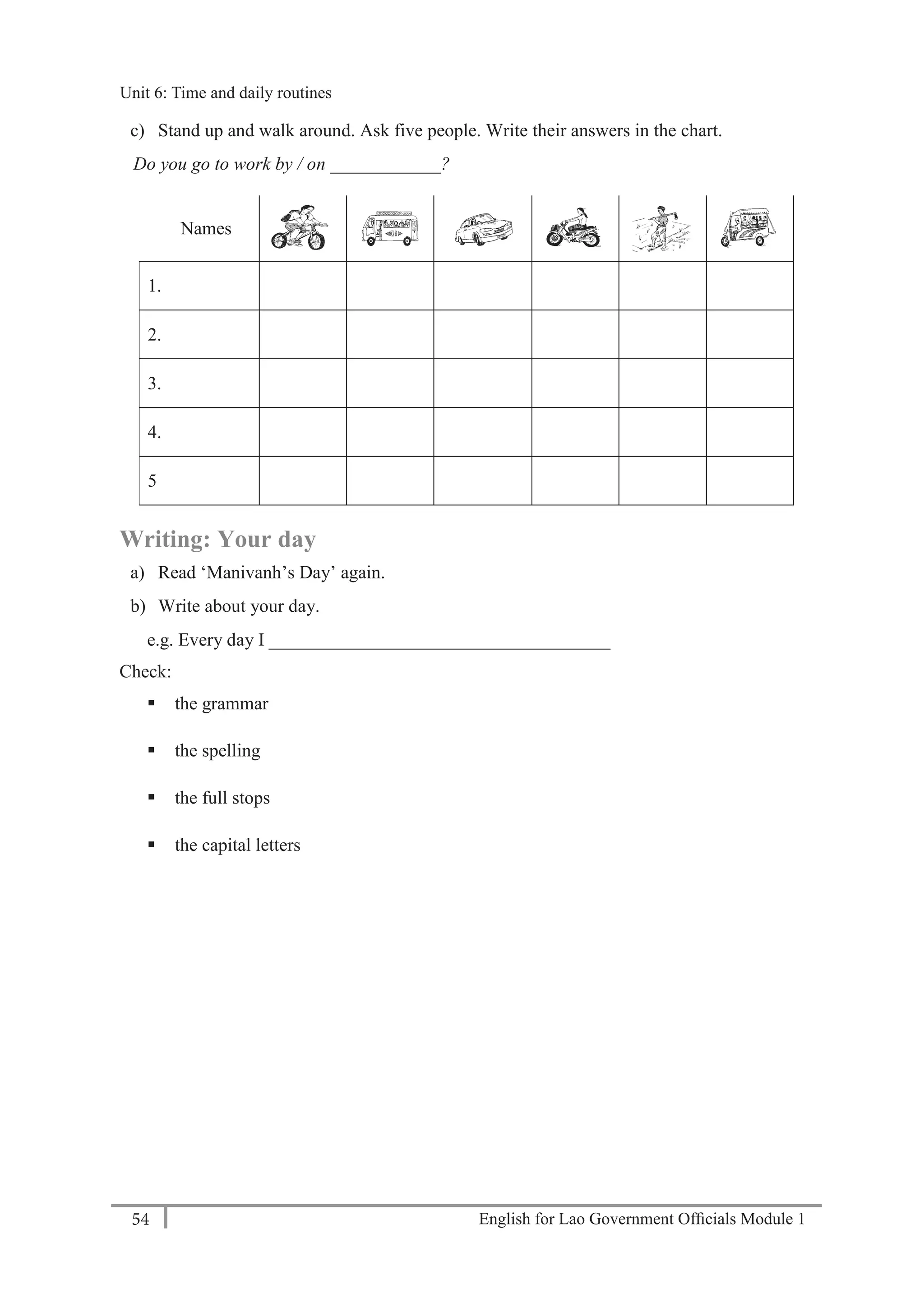 English for Lao Government Ofﬁcials Module 154
Unit 6: Time and daily routines
54 English for Lao Government Officials Module 1
c) Stand up and walk around. Ask five people. Write their answers in the chart.
Do you go to work by / on ____________?
Names
1.
2.
3.
4.
5
Writing: Your day
a) Read ‘Manivanh’s Day’ again.
b) Write about your day.
e.g. Every day I _____________________________________
Check:
 the grammar
 the spelling
 the full stops
 the capital letters
Unit 6: Time and daily routines
 