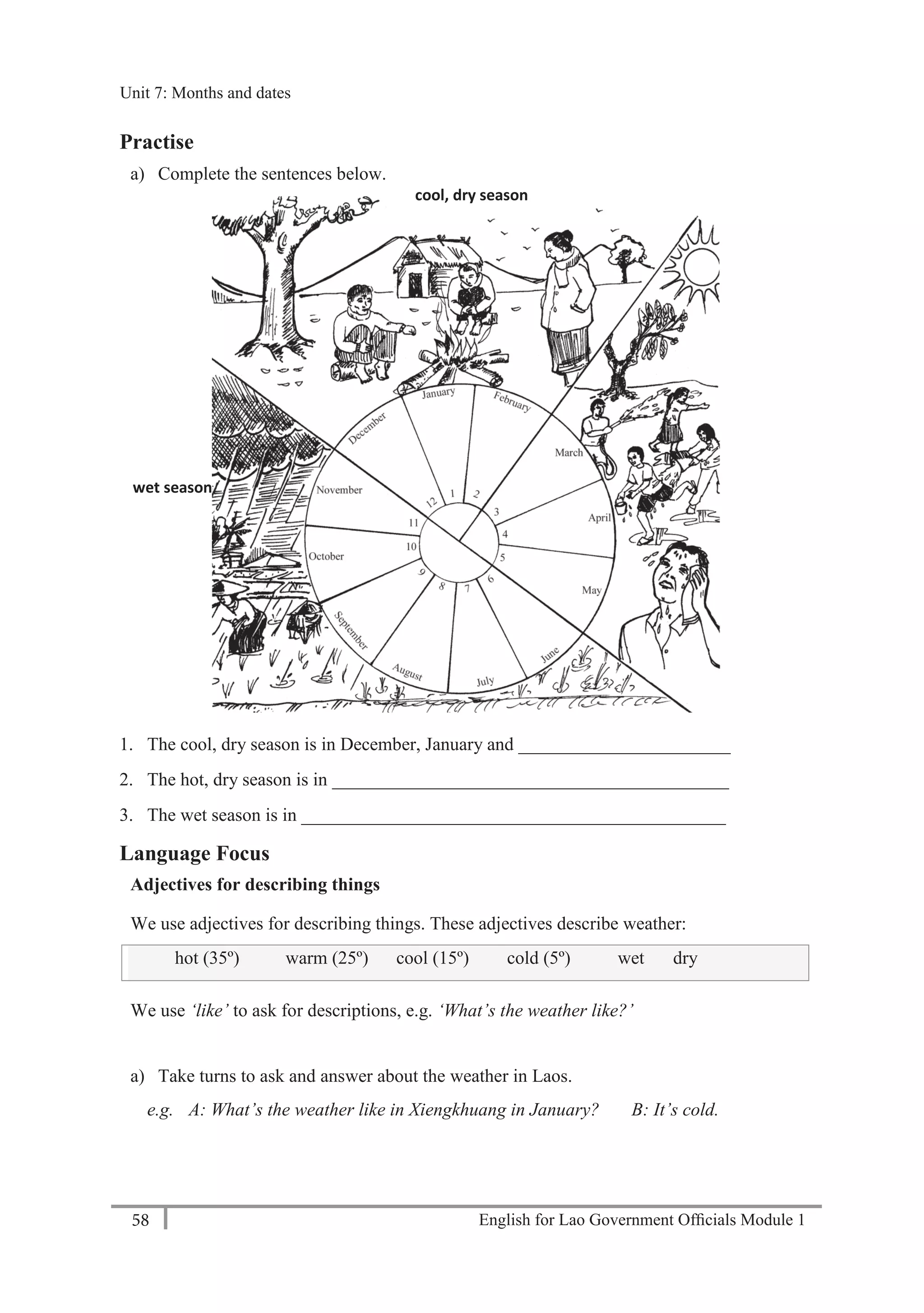 English for Lao Government Ofﬁcials Module 158
Unit 7: Months and dates
58 English for Lao Government Officials - Module 1
Practise
a) Complete the sentences below.
1. The cool, dry season is in December, January and _______________________
2. The hot, dry season is in ___________________________________________
3. The wet season is in ______________________________________________
Language Focus
Adjectives for describing things
We use adjectives for describing things. These adjectives describe weather:
hot (35º) warm (25º) cool (15º) cold (5º) wet dry
We use ‘like’ to ask for descriptions, e.g. ‘What’s the weather like?’
a) Take turns to ask and answer about the weather in Laos.
e.g. A: What’s the weather like in Xiengkhuang in January? B: It’s cold.
wet season
cool, dry season
Unit 7: Months and dates
 