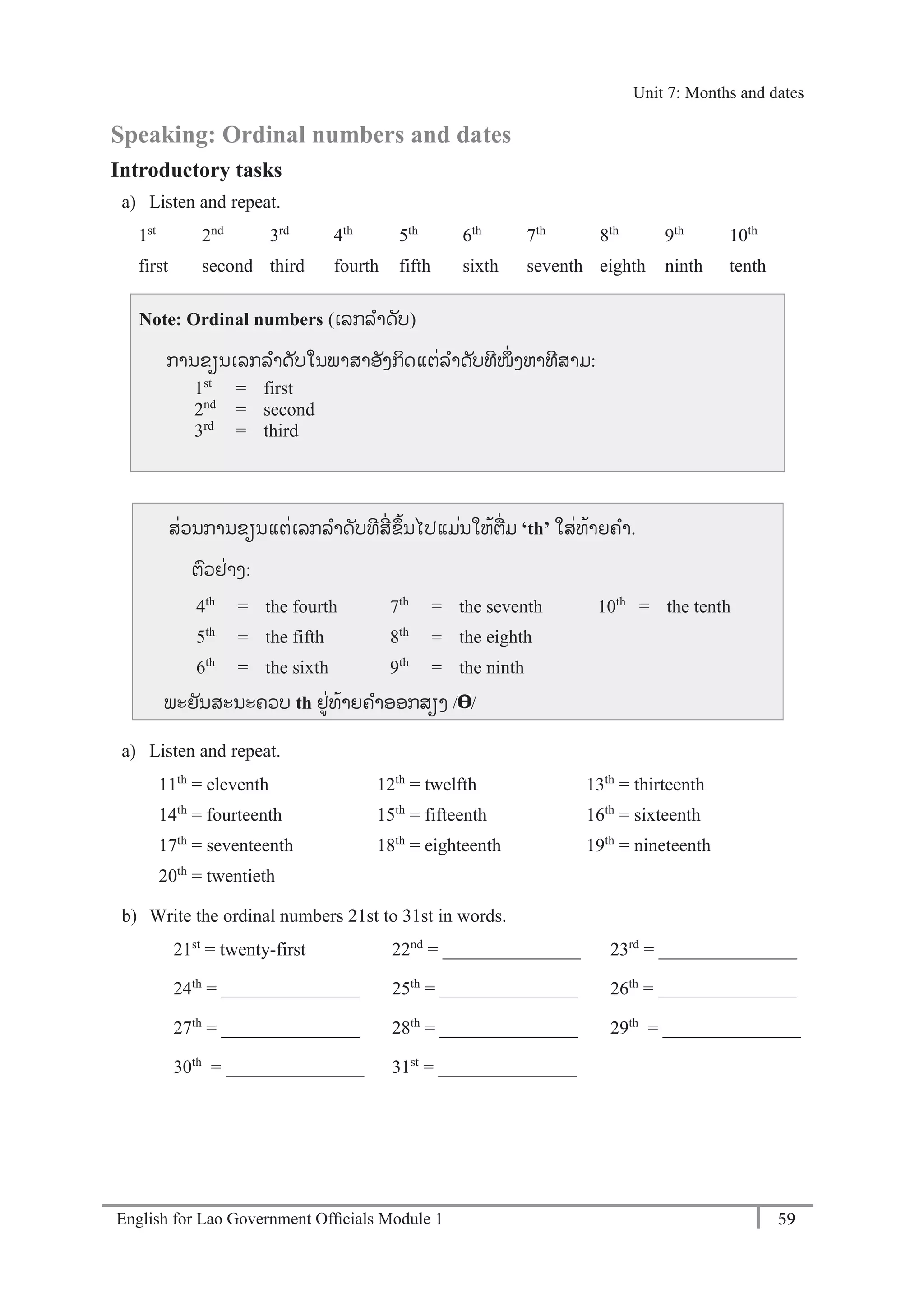 English for Lao Government Ofﬁcials Module 1 59
Unit 7: Months and dates
59 English for Lao Government Officials - Module 1
Speaking: Ordinal numbers and dates
Introductory tasks
a) Listen and repeat.
1st
2nd
3rd
4th
5th
6th
7th
8th
9th
10th
first second third fourth fifth sixth seventh eighth ninth tenth
ສໍ່ວນການຂຽນແຕໍ່ເລກລາດັບທີສີໍ່ຂຶ້ນໄປແມໍ່ນໃຫ້ຕໍ່ມ ‘th’ ໃສໍ່ທ້າຍຄາ.
ຕວຢໍ່າງ:
4th
= the fourth 7th
= the seventh 10th
= the tenth
5th
= the fifth 8th
= the eighth
6th
= the sixth 9th
= the ninth
ພະຍັນສະນະຄວບ th ຢໍ່ທ້າຍຄາອອກສຽງ / /
a) Listen and repeat.
11th
= eleventh 12th
= twelfth 13th
= thirteenth
14th
= fourteenth 15th
= fifteenth 16th
= sixteenth
17th
= seventeenth 18th
= eighteenth 19th
= nineteenth
20th
= twentieth
b) Write the ordinal numbers 21st to 31st in words.
21st
= twenty-first 22nd
= _______________ 23rd
= _______________
24th
= _______________ 25th
= _______________ 26th
= _______________
27th
= _______________ 28th
= _______________ 29th
= _______________
30th
= _______________ 31st
= _______________
Note: Ordinal numbers (ເລກລາດັບ)
ການຂຽນເລກລາດັບໃນພາສາອັງກິດແຕໍ່ລາດັບທີໜຶໍ່ ງຫາທີສາມ:
1st
= first
2nd
= second
3rd
= third
Unit 7: Months and dates
 