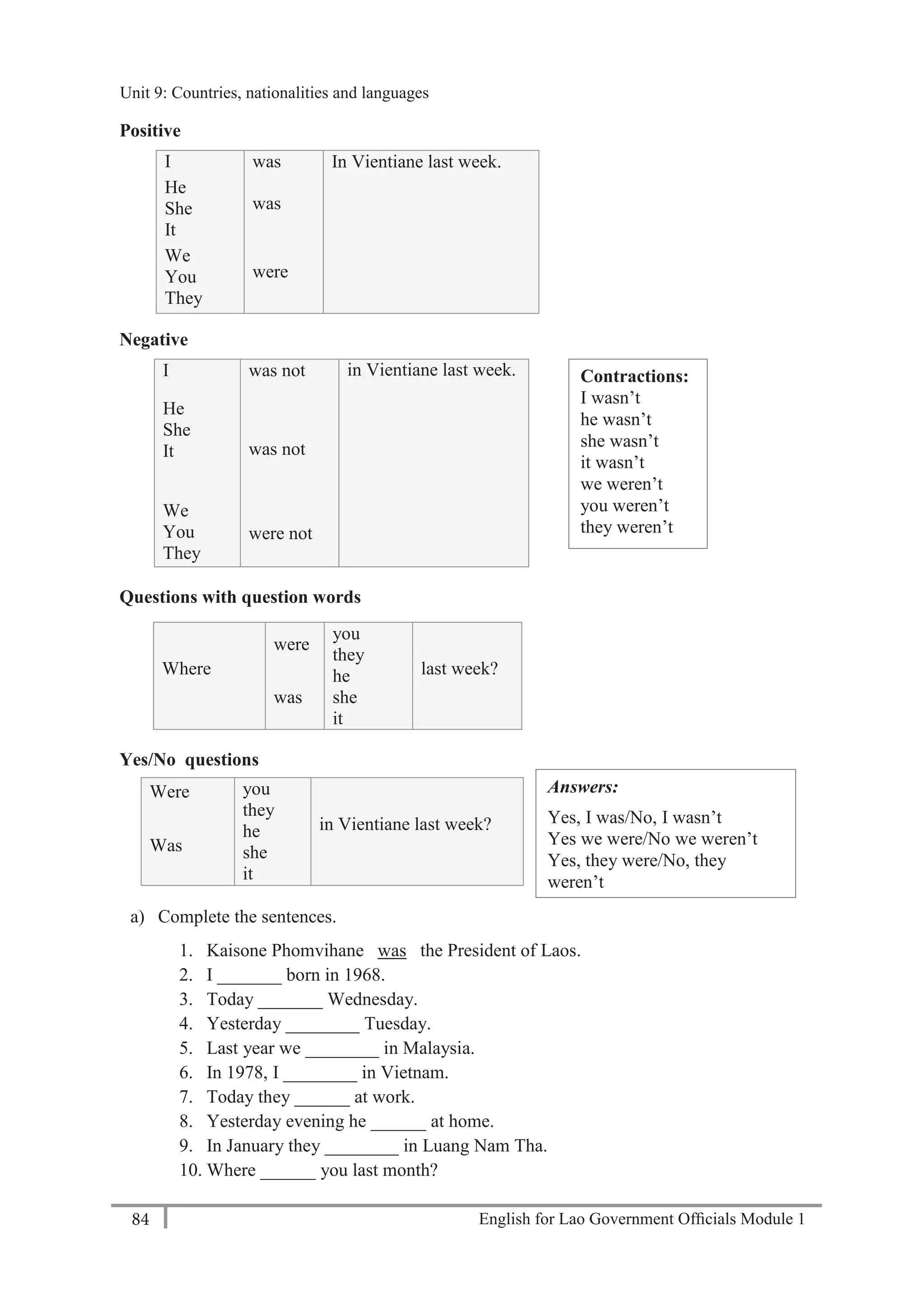English for Lao Government Ofﬁcials Module 184
Unit 9 Countries, nationalities and languages
84 English for Lao Government Officials Module 1
Positive
I was In Vientiane last week.
He
She
It
was
We
You
They
were
Negative
I was not in Vientiane last week.
He
She
It was not
We
You
They
were not
Questions with question words
Where
were
you
they
last week?
was
he
she
it
Yes/No questions
Were you
they
in Vientiane last week?
Was
he
she
it
a) Complete the sentences.
1. Kaisone Phomvihane was the President of Laos.
2. I _______ born in 1968.
3. Today _______ Wednesday.
4. Yesterday ________ Tuesday.
5. Last year we ________ in Malaysia.
6. In 1978, I ________ in Vietnam.
7. Today they ______ at work.
8. Yesterday evening he ______ at home.
9. In January they ________ in Luang Nam Tha.
10. Where ______ you last month?
Contractions:
I wasn’t
he wasn’t
she wasn’t
it wasn’t
we weren’t
you weren’t
they weren’t
Answers:
Yes, I was/No, I wasn’t
Yes we were/No we weren’t
Yes, they were/No, they
weren’t
Yes, he was/No, he wasn’t
Yes, she was/No, she wasn’t
Yes, it was/No, it wasn’t
Unit 9: Countries, nationalities and languages
 