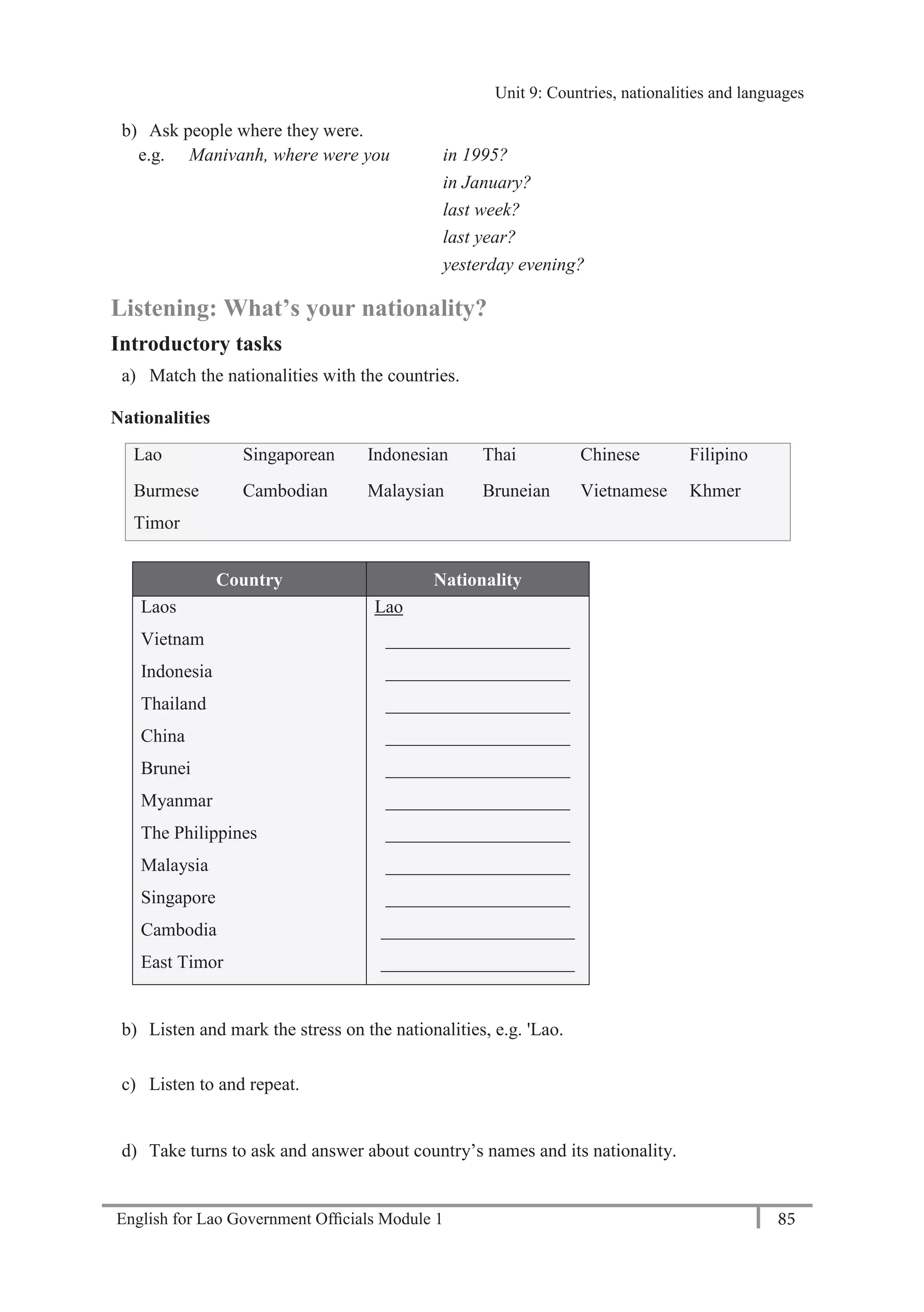 English for Lao Government Ofﬁcials Module 1 85
Unit 9 Countries, nationalities and languages
85 English for Lao Government Officials Module 1
b) Ask people where they were.
e.g. Manivanh, where were you in 1995?
in January?
last week?
last year?
yesterday evening?
Listening: What’s your nationality?
Introductory tasks
a) Match the nationalities with the countries.
Nationalities
Lao Singaporean Indonesian Thai Chinese Filipino
Burmese Cambodian Malaysian Bruneian Vietnamese Khmer
Timor
Country Nationality
Laos Lao
Vietnam ____________________
Indonesia ____________________
Thailand ____________________
China ____________________
Brunei ____________________
Myanmar ____________________
The Philippines ____________________
Malaysia ____________________
Singapore ____________________
Cambodia _____________________
East Timor _____________________
b) Listen and mark the stress on the nationalities, e.g. 'Lao.
c) Listen to and repeat.
d) Take turns to ask and answer about country’s names and its nationality.
Unit 9: Countries, nationalities and languages
 