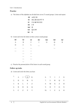 English for Lao Government Ofﬁcials Module 14
Unit 1: Introductions
4 English for Lao Government Officials Module 1
Practice
a) The letters of the alphabet are divided into seven (7) sound groups. Listen and repeat:
b) Listen and write the letters in their correct sound groups.
A B F I O Q R
H C L __ U
__ __ __ __
__ __ __
__ __
__ __
__ __
__
c) Practise the pronunciation of the letters in each sound group.
Follow up tasks
d) Listen and circle the letter you hear.
1. A J G K 6. T I J G
2. H S W X 7. U W Q V
3. R L F Z 8. M X Z H
4. B D K Q 9. R Y G N
5. C Z P T 10. I E A O
Unit 1: Introductions
 