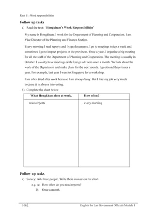 English for Lao Government Ofﬁcials Module 1108
Unit 11: Work responsibilities
108 English for Lao Government Officials Module 1
Follow up tasks
a) Read the text: ‘Hongkham’s Work Responsibilities’
My name is Hongkham. I work for the Department of Planning and Cooperation. I am
Vice Director of the Planning and Finance Section.
Every morning I read reports and I sign documents. I go to meetings twice a week and
sometimes I go to inspect projects in the provinces. Once a year, I organise a big meeting
for all the staff of the Department of Planning and Cooperation. The meeting is usually in
October. I usually have meetings with foreign advisers once a month. We talk about the
work of the Department and make plans for the next month. I go abroad three times a
year. For example, last year I went to Singapore for a workshop.
I am often tired after work because I am always busy. But I like my job very much
because it is always interesting.
b) Complete the chart below.
What Hongkham does at work. How often?
reads reports every morning
Follow-up tasks
a) Survey: Ask three people. Write their answers in the chart.
e.g. A: How often do you read reports?
B: Once a month.
Unit 11: Work responsibilities
 