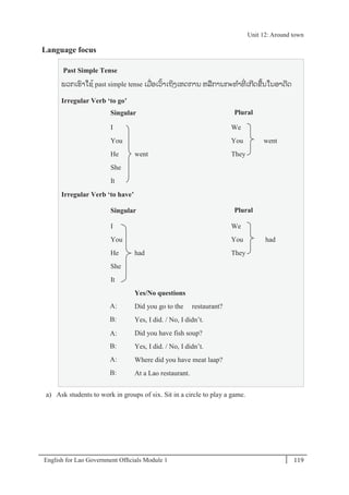 English for Lao Government Ofﬁcials Module 1 119
Unit 12 Around town
119 English for Lao Government Officials Module 1
Language focus
Past Simple Tense
ພວກເຮາໃຊ້ past simple tense ເມໍ່ອເວ້າເຖິງເຫດການ ຫລການກະທາທີໍ່ ເກີດຂ້ນໃນອາດີດ
Irregular Verb ‘to go’
Singular Plural
I
You
He
She
It
went
We
You
They
went
Irregular Verb ‘to have’
Singular Plural
I
You
He
She
It
had
Yes/No questions
Did you go to the restaurant?
Yes, I did. / No, I didn’t.
Did you have fish soup?
Yes, I did. / No, I didn’t.
Where did you have meat laap?
At a Lao restaurant.
We
You
They
had
a) Ask students to work in groups of six. Sit in a circle to play a game.
A:
B:
A:
B:
A:
B:
Unit 12: Around town
 