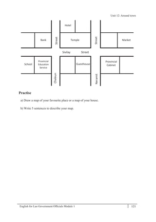 English for Lao Government Ofﬁcials Module 1 121
Unit 12 Around town
121 English for Lao Government Officials Module 1
Practise
a) Draw a map of your favourite place or a map of your house.
b) Write 5 sentences to describe your map.
Provincial
Cabinet
Temple
School
Market
Hotel
Bank
Provincial
Education
Service
Guesthouse
Street
Sivilay Street
StreetNeramit
Chaleun
Unit 12: Around town
 
