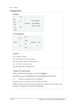 English for Lao Government Ofﬁcials Module 1124
Unit 13: Plans
124 English for Lao Government Officials Module 1
Language focus
‘going to’
I am
going to
meet friends.
go shopping.
go for a meal.
He
She
is
We
You
They
are
Yes/No questions
What
are
you
they
going to do?
is
he
she
Answers:
Yes, I am/No, I’m not
Yes we are/No we’re not (we aren’t)
Yes, they are/No, they’re not (they aren’t)
Yes, he is/No, he’s not (he isn’t)
Yes, she is/No, she’s not (she isn’t)
‘Going to’ for future plans
When we talk about future plans we often use ‘going to’.
ການນາໃຊ້ ‘going to’ ແມໍ່ນເພໍ່ ອເວ້າເຖິງການກະທາໃດໜຶໍ່ ງທີໍ່ ແນໍ່ນອນໃນອານາຄດ.
e.g. What are you going to do next Monday?
I’m going to have a meeting with all the staff in the office.
When we use the verb ‘to go’ we do not need to say ‘going to go.’ We can say, for
example, ‘I’m going to a workshop on Wednesday’.
Unit 13: Plans
 