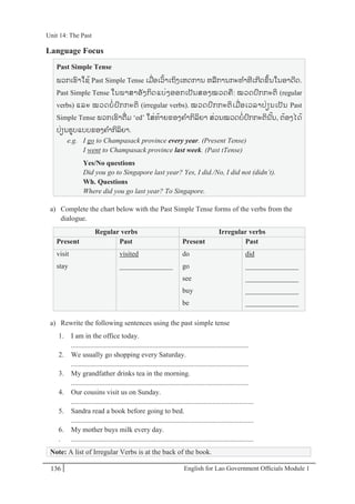 English for Lao Government Ofﬁcials Module 1136
Unit 14: The Past
136 English for Lao Government Officials Module 1
Language Focus
Past Simple Tense
ພວກເຮາໃຊ້ Past Simple Tense ເມໍ່ອເວ້າເຖິງເຫດການ ຫລການກະທາທີເກີດຂຼິ້ນໃນອາດີດ.
Past Simple Tense ໃນພາສາອັງກິດແບໍ່ງອອກເປັນສອງໝວດຄ: ໝວດປກກະຕິ (regular
verbs) ແລະ ໝວດບໍ່ ປກກະຕິ (irregular verbs). ໝວດປກກະຕິເມໍ່ອເວລາປໍ່ຽນເປັນ Past
Simple Tense ພວກເຮາຕໍ່ ມ ‘ed’ ໃສໍ່ທ້າຍຂອງຄາກິລິຍາ ສໍ່ວນໝວດບໍ່ ປກກະຕິນັ້ນ, ຕ້ອງໄດ້
ປໍ່ຽນຮບແບບຂອງຄາກິລິຍາ.
e.g. I go to Champasack province every year. (Present Tense)
I went to Champasack province last week. (Past tTense)
Yes/No questions
Did you go to Singapore last year? Yes, I did./No, I did not (didn’t).
Wh. Questions
Where did you go last year? To Singapore.
a) Complete the chart below with the Past Simple Tense forms of the verbs from the
dialogue.
Regular verbs Irregular verbs
Present Past Present Past
visit
stay
visited
_______________
do
go
see
buy
be
did
_______________
_______________
_______________
_______________
a) Rewrite the following sentences using the past simple tense
1. I am in the office today.
....................................................................................................
2. We usually go shopping every Saturday.
....................................................................................................
3. My grandfather drinks tea in the morning.
....................................................................................................
4. Our cousins visit us on Sunday.
.......................................................................................................
5. Sandra read a book before going to bed.
.......................................................................................................
6. My mother buys milk every day.
. .......................................................................................................
Note: A list of Irregular Verbs is at the back of the book.
Unit 14: The Past
 