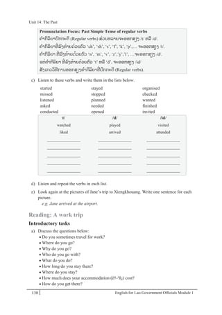English for Lao Government Ofﬁcials Module 1138
Unit 14: The Past
138 English for Lao Government Officials Module 1
Pronunciation Focus: Past Simple Tense of regular verbs
ຄາກິລິຍາປກກະຕິ (Regular verbs) ສໍ່ວນຫລາຍຈະອອກສຽງ /t/ ຫລ /d/.
ຄາກິລິຍາທີໍ່ ລງທ້າຍດ້ວຍຕວ ‘ch’, ‘sh’, ‘s’, ‘f’, ‘k’, ‘p’,… ຈະອອກສຽງ /t/.
ຄາກິລິຍາ ທີໍ່ ລງທ້າຍດ້ວຍຕວ ‘n’, ‘m’, ‘v’, ‘z’,’y’,’l’, …ຈະອອກສຽງ /d/.
ແຕໍ່ຄາກິລິຍາ ທີໍ່ ລງທ້າຍດ້ວຍຕວ ‘t’ ຫລ ‘d’. ຈະອອກສຽງ /id/
ສັງເກດວິທີການອອກສຽງຄາກິລິຍາທີໍ່ ປກກະຕິ (Regular verbs).
c) Listen to these verbs and write them in the lists below.
started stayed organised
missed stopped checked
listened planned wanted
asked needed finished
conducted opened invited
t/ /d/ /id/
watched played visited
liked arrived attended
_______________ _______________ _______________
_______________ _______________ _______________
_______________ _______________ _______________
_______________ _______________ _______________
_______________ _______________ _______________
d) Listen and repeat the verbs in each list.
e) Look again at the pictures of Jane’s trip to Xiengkhouang. Write one sentence for each
picture.
e.g. Jane arrived at the airport.
Reading: A work trip
Introductory tasks
a) Discuss the questions below:
 Do you sometimes travel for work?
 Where do you go?
 Why do you go?
 Who do you go with?
 What do you do?
 How long do you stay there?
 Where do you stay?
 How much does your accommodation (ê†-²ñ¡) cost?
 How do you get there?
Unit 14: The Past
 