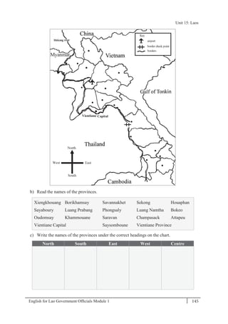 English for Lao Government Ofﬁcials Module 1 145
Unit 15 Laos
145 English for Lao Government Officials Module 1
b) Read the names of the provinces.
Xiengkhouang Borikhamsay Savannakhet Sekong Houaphan
Sayaboury Luang Prabang Phongsaly Luang Namtha Bokeo
Oudomsay Khammouane Saravan Champasack Attapeu
Vientiane Capital Saysomboune Vientiane Province
c) Write the names of the provinces under the correct headings on the chart.
North South East West Centre
Capital
Unit 15: Laos
 