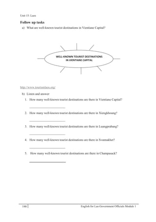 English for Lao Government Ofﬁcials Module 1146
Unit 15 Laos
146 English for Lao Government Officials Module 1
Follow up tasks
a) What are well-known tourist destinations in Vientiane Capital?
http://www.tourismlaos.org/
b) Listen and answer
1. How many well-known tourist destinations are there in Vientiane Capital?
_______________________
2. How many well-known tourist destinations are there in Xiengkhoung?
_______________________
3. How many well-known tourist destinations are there in Luangprabang?
_______________________
4. How many well-known tourist destinations are there in Svannakhet?
_______________________
5. How many well-known tourist destinations are there in Champasack?
____________________
WELL-KNOWN TOURIST DESTINATIONS
IN VIENTIANE CAPITAL
Unit 15: Laos
 