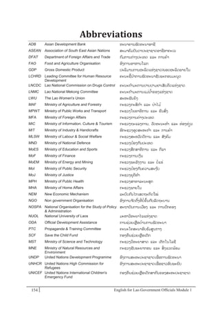 English for Lao Government Ofﬁcials Module 1154154 English for Lao Government Officials Module 1
Abbreviations
ADB Asian Development Bank ທະນາຄານພັດທະນາອາຊີ
ASEAN Association of South East Asian Nations ສະມາຄມບັນດາປະຊາຊາດອາຊີອາຄະເນ
DFAT Department of Foreign Affairs and Trade ກມການຕໍ່າງປະເທດ ແລະ ການຄ້າ
FAO Food and Agriculture Organisation ອງການອາຫານໂລກ
GDP Gross Domestic Product ປະລິມານການຜະລິດແຫໍ່ງຊາດ/ຍອດຜະລດພຳຍໃນ
LCHRD Leading Committee for Human Resource
Development
ຄະນະຊີ້ນາການພັດທະນາຊັບພະກອນມະນຸດ
LNCDC Lao National Commission on Drugs Control ຄະນະກາມະການປາບປາມຢາເສັບຕິດແຫໍ່ງຊາດ
LNMC Lao National Mekong Committee ຄະນະກາມະການແມໍ່ນ ້າຂອງແຫໍ່ງຊາດ
LWU The Lao Women's Union ສະຫະພັນຍິງ
MAF Ministry of Agriculture and Forestry ກະຊວງກະສິກາ ແລະ ປໍ່າໄມ້
MPWT Ministry of Public Works and Transport ກະຊວງໂຍທາທິການ ແລະ ຂນສໍ່ງ
MFA Ministry of Foreign Affairs ກະຊວງການຕໍ່າງປະເທດ
MIC Ministry of Information, Culture & Tourism ກະຊວງຖະແລງການ, ວັດທະນະທາ ແລະ ທໍ່ອງທໍ່ຽວ
MIT Ministry of Industry & Handicrafts ອກະຊວງອຸດສະຫະກາ ແລະ ການຄ້າ
MLSW Ministry of Labour & Social Welfare ກະຊວງສະຫວັດດີການ ແລະ ສັງຄມ
MND Ministry of National Defence ກະຊວງປ້ອງກັນປະເທດ
MoES Ministry of Education and Sports ກະຊວງສຶກສາທິການ ແລະ ກິລາ
MoF Ministry of Finance ກະຊວງການເງນ
MoEM Ministry of Energy and Mining ກະຊວງພະລັງງານ ແລະ ບໍ່ແຮໍ່
MoI Ministry of Public Security ກະຊວງປ້ອງກັນຄວາມສະງບ
MoJ Ministry of Justice ກະຊວງຍຸຕິທາ
MPH Ministry of Public Health ກະຊວງສາທາລະນະສຸກ
MHA Ministry of Home Affairs ກະຊວງພາຍໃນ
NEM New Economic Mechanism ລະບບກນໄກເສດຖະກິດໃໝໍ່
NGO Non- government Organisation ອງການຈ ັດຕັ້ງທີໍ່ ບໍ່ຂຼິ້ນກັບລັດຖະບານ
NOSPA National Organisation for the Study of Policy
& Administration
ສະຖາບັນການເມອງ ແລະ ການປກຄອງ
NUOL National University of Laos ມະຫາວິທະຍາໄລແຫໍ່ງຊາດ
ODA Official Development Assistance ການຊໍ່ວຍເຫຼອດ້ານການພັດທະນາ
PTC Propaganda & Training Committee ຄະນະໂຄສະນາອບຮມສນກາງ
SCF Save the Child Fund ກອງທຶນຊໍ່ວຍເຫຼອເດັກ
MST Ministry of Science and Technology ກະຊວງວິທະຍາສາດ ແລະ ເຕັກໂນໂລຊີ
MNE Ministry of Natural Resources and
Environment
ກະຊວງຊັບພະຍາກອນ ແລະ ສິໍ່ ງແວດລ້ອມ
UNDP United Nations Development Programme ອງການສະຫະປະຊາຊາດເພໍ່ອການພັດທະນາ
UNHCR United Nations High Commission for
Refugees
ອງການສະຫະປະຊາຊາດເພໍ່ອຊາວອບພະຍບ
UNICEF United Nations International Children's
Emergency Fund
ກອງທຶນຊໍ່ວຍເຫຼອເດັກສາກນຂອງສະຫະປະຊາຊາດ
 