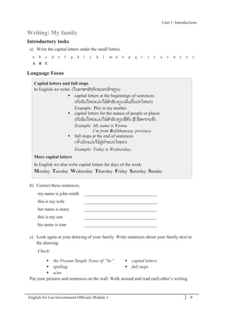 English for Lao Government Ofﬁcials Module 1 9
Unit 1: Introductions
9 English for Lao Government Officials Module 1
Writing: My family
Introductory tasks
a) Write the capital letters under the small letters.
a b c d e f g h i j k l m n o p q r s t u v w x y z
A B C
Language Focus
Capital letters and full stops
In English we write: (ໃນພາສາອັງກິດພວກເຮາຂຽນ)
 capital letters at the beginnings of sentences
(ຕວພິມໃຫຍໍ່ແມໍ່ນໃຊ້ສາລັບຂຽນເລີໍ່ມຕ້ນປະໂຫຍກ)
Example: This is my mother.
 capital letters for the names of people or places
(ຕວພິມໃຫຍໍ່ແມໍ່ນໃຊ້ສາລັບຂຽນຊໍ່ຄນ ຫຼ ຊໍ່ສະຖານທີໍ່ )
Example: My name is Vanna
I’m from Bolikhamxay province.
 full stops at the end of sentences
(ຈ ້າເມັດແມໍ່ນໃຊ້ຢໍ່ທ້າຍປະໂຫຍກ)
Example: Today is Wednesday.
More capital letters
In English we also write capital letters for days of the week:
Monday Tuesday Wednesday Thursday Friday Saturday Sunday
b) Correct these sentences.
my name is john smith ________________________________
this is my wife ________________________________
her name is mary ________________________________
this is my son ________________________________
his name is tom ________________________________
c) Look again at your drawing of your family. Write sentences about your family next to
the drawing.
Check:
 the Present Simple Tense of ”be”
 spelling
 a/an
 capital letters
 full stops
Put your pictures and sentences on the wall. Walk around and read each other’s writing.
Unit 1: Introductions
 