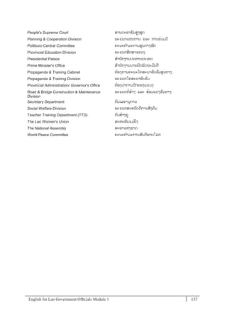 English for Lao Government Ofﬁcials Module 1 157157 English for Lao Government Officials Module 1
People's Supreme Court ສານປະຊາຊນສງສຸດ
Planning & Cooperation Division ພະແນກແຜນການ ແລະ ການຮໍ່ວມມ
Politburo Central Committee ຄະນະກາມະການສນກາງພັກ
Provincial Education Division ພະແນກສຶກສາແຂວງ
Presidential Palace ສານັກງານປະທານປະເທດ
Prime Minister's Office ສານັກງານນາຍຍກລັດຖະມນຕີ
Propaganda & Training Cabinet ຫ້ອງການຄະນະໂຄສະນາອບຮມສນກາງ
Propaganda & Training Division ພະແນກໂຄສະນາອບຮມ
Provincial Administration/ Governor's Office ຫ້ອງວໍ່າການປກຄອງແຂວງ
Road & Bridge Construction & Maintenance
Division
ພະແນກກໍ່ສ້າງ ແລະ ສ້ອມແປງຂວທາງ
Secretary Department ກມເລຂານຸການ
Social Welfare Division ພະແນກສະຫວັດດີການສັງຄມ
Teacher Training Department (TTD) ກມສ້າງຄ
The Lao Women's Union ສະຫະພັນແມໍ່ຍິງ
The National Assembly ສະພາແຫໍ່ງຊາດ
World Peace Committee ຄະນະກາມະການສັນຕິພາບໂລກ
 