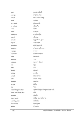 English for Lao Government Ofﬁcials Module 1160160 English for Lao Government Officials Module 1
area ຂອບເຂດ/ເນ້ອທີໍ່
arrange ຫ້າງຫາກະກຽມ
arrivals ການມາຮອດມາເຖິງ
arrive ມາຮອດ
as a result ດ້ວຍເຫດນັ້ນ
as well as ເໝອນກນ
asset ຊັບສິນ
assist ຊໍ່ວຍເຫຼອ
assistance ການຊໍ່ວຍເຫຼອ
attend ເຂ້າຮໍ່ວມ
attractive ດຶງດດຈິດໃຈ, ງາມ
August ເດອນສິງຫາ
Australian ຄນອດສະຕຣາລີ
authority ອານາດການປກຄອງ
average ສະເລໍ່ຍ
badminton ກິລາຕີດອກປິກໄກໍ່
bank ທະນາຄານ
beautiful ງາມ
because ເພາະວໍ່າ, ຍ້ອນວໍ່າ
bed ຕຽງ
beer ເບຍ
before ກໍ່ອນໜ້າ
behind ທາງຫຼັງ
benefit ຜນປະໂຫຍກ
best ດີເລີດ, ດີທີໍ່ ສຸດ
between ລະຫວໍ່າງ
bicycle ລດຖີບ
big ໃຫໍ່ຍ
bilateral organisation ອງການຈ ັດຕັ້ງລະຫວໍ່າງສອງລັດຖະບານ
billion (1,000,000,000) ໜຶໍ່ ງຕ້
birthday ວັນເກີດ
board (verb) ຍນຂຶ້ນ (ເວລາເດີນທາງ)
boarding pass ບັດຂຶ້ນຍນ
boat racing ບຸນຊໍ່ວງເຮອ
border ຊາຍແດນ
 