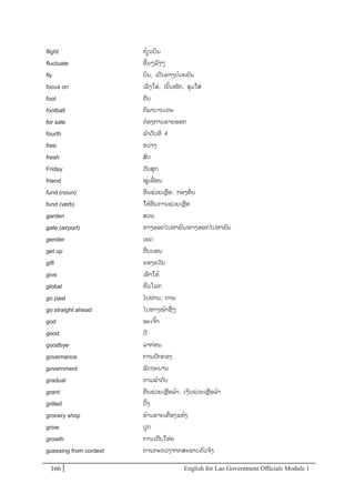 English for Lao Government Ofﬁcials Module 1166166 English for Lao Government Officials Module 1
flight ຖ້ຽວບິນ
fluctuate ຂຶ້ນໆລງໆ
fly ບິນ, ເດີນທາງດ້ວຍຍນ
focus on ເລັໍ່ງໃສໍ່, ເນັ້ນໜັກ, ສຸມໃສໍ່
foot ຕີນ
football ກິລາບານເຕະ
for sale ຕ້ອງການຂາຍອອກ
fourth ລາດັບທີ 4
free ຫວໍ່າງ
fresh ສດ
Friday ວັນສຸກ
friend ໝໍ່ເພໍ່ອນ
fund (noun) ທຶນຊໍ່ວຍເຫຼຶອ, ກອງທຶນ
fund (verb) ໃຫ້ທຶນການຊໍ່ວຍເຫຼອ
garden ສວນ
gate (airport) ທາງອອກໄປຫາຍນ/ທຳງອອກໄປຫຳຍົນ
gender ເພດ
get up ຕໍ່ນນອນ
gift ຂອງຂວັນ
give ເອາໃຫ້
global ທໍ່ວໂລກ
go past ໄປຜໍ່ານ, ກາຍ
go straight ahead ໄປທາງໜ້າຊໍ່ໆ
god ພະເຈ້າ
good ດີ
goodbye ລາກໍ່ອນ
governance ການປກຄອງ
government ລັດຖະບານ
gradual ຕາມລາດັບ
grant ທຶນຊໍ່ວຍເຫຼອລ້າ, ເງິນຊໍ່ວຍເຫຼອລ້າ
grilled ປີຼິ້ງ
grocery shop ຮ້ານຂາຍເຄໍ່ ອງແຫ້ງ
grow ປກ
growth ການເຕີບໃຫໍ່ຍ
guessing from context ການກະຕວງຈາກສະພາບຕວຈິງ
 