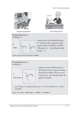 English for Lao Government Ofﬁcials Module 1 15
Unit 2: Personal information
15 English for Lao Government Officials Module 1
computer programmer office administrator
Pronunciation Focus 1:
ການຜັນສຽງ / /
Listen to the cassette and repeat “teacher”
Pronunciation Focus 2:
ການຜັນສຽງ / /
ນອກຈາກນັ້ນສຽງ / / ຍັງເຫັນຢໍ່ໃນພະຍັນຊະນະຄວບ: -ci- ດັໍ່ງໃນຄາ official ແລະ ti- ດັໍ່ງໃນຄາ
occupation
Listen and repeat- “shop keeper”, “official”, “occupation”
ພະຍັນຊະນະ sh ໃນພາສາອັງກິດອອກສຽງ / / -
ເຊັໍ່ນໃນຄາ shop keeper. ນ ັກຮຽນສາມາດຜັນສຽງ
ດັໍ່ງກໍ່າວນີ້ດ້ວຍການເອາລີ້ນ ໃກ້ກ ັບ-ເພດານປາກ
ແຕໍ່ບໍ່ແຕະເພດານ ແລ້ວເປໍ່ງລມອອກຈາກຮຄ ເຮັດ
ສຽງຄໄລໍ່ໄກໍ່ Shhhhhh!
ພະຍັນຊະນະຄວບ’ch’-ໃນພາສາອັງກິດອອກສຽງ
/ / -ເຊັໍ່ນໃນຄາ teacher. ນ ັກຮຽນສາມາດອອກ-
ສຽງດັໍ່ງກໍ່າວນີ້ດ້ວຍການເອາລີ້ນແຕະ ຫຼ ໃຫ້ລີ້ນ
ໃກ້ກ ັບເພດານປາກ - ແລ້ວເປັ່ງລມອອກຈາກຮຄ
ເຮັດສຽງ ‘ -Àxò-‘.
Unit 2: Personal information
 