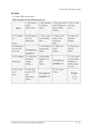 English for Lao Government Ofﬁcials Module 1 55
Unit 6: Time and daily routines
55 English for Lao Government Officials Module 1
Revision
a) Game: Who’s the winner?
Make questions for the following answers.
Start
1. My house is
yellow.
What colour...
2. Her surname
is Vannaly.
What....
3. My sister works
at the Ministry of
Home Affairs.
Where....
4. No, it’s not
our dog.
Is it......
5. It’s number
59.
What....
6. Noly gets up
at 6 a.m
What time...
7. I go to work
by motorbike.
How .....
8. There are 10
tables in the
classroom.
How.....
9.A pen is on
the desk.
Where....
10. My aunt is
42 years old.
How old...
Go back to
number 3
11. His father is
a policeman.
What.....
12. Santi is at
work.
Where....
13. Keo is my
friend.
Who.....
14. It’s midday.
What time...
15. Vanh lives
at Phaxay
village.
Where......
16.My phone
number is 21
8543
What.....
Go back to
number 11
17. No, I don’t.
I work for the
Ministry of
Public Heath.
Do you.....
18. It’s ‘S-u-t-
t-o-n’.
Can.....
19. My class
starts at 8.30
a.m.
What time...
When....
Go back to
number 13
20. Yes, she is.
Is she....
Finish
Unit 6: Time and daily routines
 