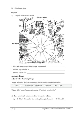 English for Lao Government Ofﬁcials Module 158
Unit 7: Months and dates
58 English for Lao Government Officials - Module 1
Practise
a) Complete the sentences below.
1. The cool, dry season is in December, January and _______________________
2. The hot, dry season is in ___________________________________________
3. The wet season is in ______________________________________________
Language Focus
Adjectives for describing things
We use adjectives for describing things. These adjectives describe weather:
hot (35º) warm (25º) cool (15º) cold (5º) wet dry
We use ‘like’ to ask for descriptions, e.g. ‘What’s the weather like?’
a) Take turns to ask and answer about the weather in Laos.
e.g. A: What’s the weather like in Xiengkhuang in January? B: It’s cold.
wet season
cool, dry season
Unit 7: Months and dates
 