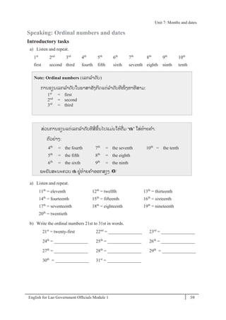 English for Lao Government Ofﬁcials Module 1 59
Unit 7: Months and dates
59 English for Lao Government Officials - Module 1
Speaking: Ordinal numbers and dates
Introductory tasks
a) Listen and repeat.
1st
2nd
3rd
4th
5th
6th
7th
8th
9th
10th
first second third fourth fifth sixth seventh eighth ninth tenth
ສໍ່ວນການຂຽນແຕໍ່ເລກລາດັບທີສີໍ່ຂຶ້ນໄປແມໍ່ນໃຫ້ຕໍ່ມ ‘th’ ໃສໍ່ທ້າຍຄາ.
ຕວຢໍ່າງ:
4th
= the fourth 7th
= the seventh 10th
= the tenth
5th
= the fifth 8th
= the eighth
6th
= the sixth 9th
= the ninth
ພະຍັນສະນະຄວບ th ຢໍ່ທ້າຍຄາອອກສຽງ / /
a) Listen and repeat.
11th
= eleventh 12th
= twelfth 13th
= thirteenth
14th
= fourteenth 15th
= fifteenth 16th
= sixteenth
17th
= seventeenth 18th
= eighteenth 19th
= nineteenth
20th
= twentieth
b) Write the ordinal numbers 21st to 31st in words.
21st
= twenty-first 22nd
= _______________ 23rd
= _______________
24th
= _______________ 25th
= _______________ 26th
= _______________
27th
= _______________ 28th
= _______________ 29th
= _______________
30th
= _______________ 31st
= _______________
Note: Ordinal numbers (ເລກລາດັບ)
ການຂຽນເລກລາດັບໃນພາສາອັງກິດແຕໍ່ລາດັບທີໜຶໍ່ ງຫາທີສາມ:
1st
= first
2nd
= second
3rd
= third
Unit 7: Months and dates
 