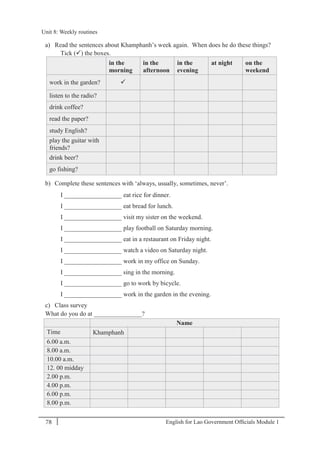 English for Lao Government Ofﬁcials Module 178
Unit 8: Weekly routines
78 English for Lao Government Officials Module 1
a) Read the sentences about Khamphanh’s week again. When does he do these things?
Tick () the boxes.
in the
morning
in the
afternoon
in the
evening
at night on the
weekend
work in the garden? 
listen to the radio?
drink coffee?
read the paper?
study English?
play the guitar with
friends?
drink beer?
go fishing?
b) Complete these sentences with ‘always, usually, sometimes, never’.
I __________________ eat rice for dinner.
I __________________ eat bread for lunch.
I __________________ visit my sister on the weekend.
I __________________ play football on Saturday morning.
I __________________ eat in a restaurant on Friday night.
I __________________ watch a video on Saturday night.
I __________________ work in my office on Sunday.
I __________________ sing in the morning.
I __________________ go to work by bicycle.
I __________________ work in the garden in the evening.
c) Class survey
What do you do at _______________?
Name
Time Khamphanh
6.00 a.m.
8.00 a.m.
10.00 a.m.
12. 00 midday
2.00 p.m.
4.00 p.m.
6.00 p.m.
8.00 p.m.
Unit 8: Weekly routines
 