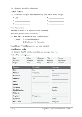 English for Lao Government Ofﬁcials Module 186
Unit 9 Countries, nationalities and languages
86 English for Lao Government Officials Module 1
Follow up task
a) Listen to the dialogues. Write the nationality of the person in each dialogue.
1. Thai 4. ___________________
2. ___________________ 5. ___________________
3. ___________________ 6. ___________________
Note: Pronunciation
Notice the / / sound for ‘ti’ and the stress in ‘natio'nality’.
Practise the pronunciation of ‘natio'nality’.
b) Role play. Ask and answer ‘What’s your nationality?’
Example: A: Are you Vietnamese?
B: No, I’m not. I’m Cambodian.
Speaking: What languages do you speak?
Introductory tasks
a) Complete the table with the nationalities and languages in the box.
Nationalities and languages
Lao English Indonesian Thai Chinese
Burmese Cambodian Malaysian Bruneian Vietnamese
Filipino Malay Malay Chinese Timorese
Country Nationality Language
Laos Lao Lao
Vietnam Vietnamese ____________________
Indonesia ____________________ Indonesian
Thailand Thai ____________________
China ____________________ ____________________
Brunei ____________________ ____________________
Myanmar ____________________ Burmese
The Philippines ____________________ Tagalog
Malaysia ____________________ ____________________
Singapore Singaporean ____________________
Cambodia Khmer
East Timor ____________________ Portuguese
Unit 9: Countries, nationalities and languages
 