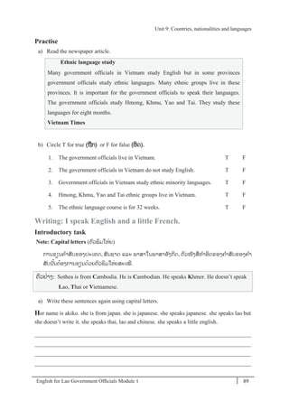 English for Lao Government Ofﬁcials Module 1 89
Unit 9 Countries, nationalities and languages
89 English for Lao Government Officials Module 1
Practise
a) Read the newspaper article.
Ethnic language study
Many government officials in Vietnam study English but in some provinces
government officials study ethnic languages. Many ethnic groups live in these
provinces. It is important for the government officials to speak their languages.
The government officials study Hmong, Khmu, Yao and Tai. They study these
languages for eight months.
Vietnam Times
b) Circle T for true (ຖກ) or F for false (ຜິດ).
1. The government officials live in Vietnam. T F
2. The government officials in Vietnam do not study English. T F
3. Government officials in Vietnam study ethnic minority languages. T F
4. Hmong, Khmu, Yao and Tai ethnic groups live in Vietnam. T F
5. The ethnic language course is for 32 weeks. T F
Writing: I speak English and a little French.
Introductory task
Note: Capital letters (ຕວພິມໃຫໍ່ຍ)
ການຂຽນຄາສັບຂອງປະເທດ, ສັນຊາດ ແລະ ພາສາໃນພາສາອັງກິດ, ຕວໜັງສທາອິດຂອງຄາສັບຂອງຄາ
ສັບນ ັ້ນຕ້ອງການຂຽນດ້ວຍຕວພິມໃຫໍ່ຍສະເໝີ.
ຕວຢໍ່າງ: Sothea is from Cambodia. He is Cambodian. He speaks Khmer. He doesn’t speak
Lao, Thai or Vietnamese.
a) Write these sentences again using capital letters.
Her name is akiko. she is from japan. she is japanese. she speaks japanese. she speaks lao but
she doesn’t write it. she speaks thai, lao and chinese. she speaks a little english.
___________________________________________________________________________
___________________________________________________________________________
___________________________________________________________________________
___________________________________________________________________________
Unit 9: Countries, nationalities and languages
 