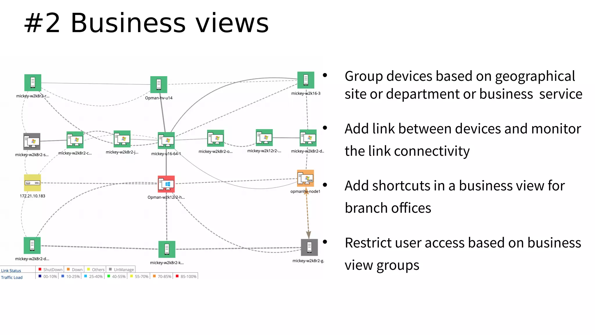 #2 Business views
• Group devices based on geographical
site or department or business service
• Add link between devices and monitor
the link connectivity
• Add shortcuts in a business view for
branch ofices
• Restrict user access based on business
view groups
 