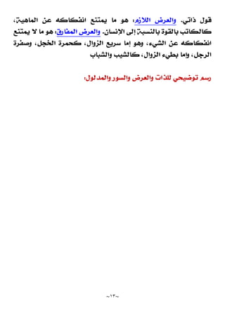 ~
١٣
~
‫ﺫﺍﺗﻲ‬ ‫ﻗﻮﻝ‬
.
‫ﺍﻟﻼﺯﻡ‬ ‫ﻭﺍﻟﻌﺮﺽ‬
:
،‫ﺍﻟﻤﺎﻫﻴﺔ‬ ‫ﻋﻦ‬ ‫ﺍﻧﻔﻜﺎﻛﻪ‬ ‫ﻳﻤﺘﻨﻊ‬ ‫ﻣﺎ‬ ‫ﻫﻮ‬
‫ﺍﻹﻧﺴﺎﻥ‬ ‫ﺇﻟﻰ‬ ‫ﺑﺎﻟﻨﺴﺒﺔ‬ ‫ﺑﺎﻟﻘﻮﺓ‬ ‫ﻛﺎﻟﻜﺎﺗﺐ‬
.
‫ﺍﻟﻤﻔﺎﺭﻕ‬ ‫ﻭﺍﻟﻌﺮﺽ‬
:
‫ﻳﻤﺘﻨﻊ‬ ‫ﻻ‬ ‫ﻣﺎ‬ ‫ﻫﻮ‬
‫ﻭﺻﻔﺮﺓ‬ ،‫ﺍﻟﺨﺠﻞ‬ ‫ﻛﺤﻤﺮﺓ‬ ،‫ﺍﻟﺰﻭﺍﻝ‬ ‫ﺳﺮﻳﻊ‬ ‫ﺇﻣﺎ‬ ‫ﻭﻫﻮ‬ ،‫ﺍﻟﺸﻲﺀ‬ ‫ﻋﻦ‬ ‫ﺍﻧﻔﻜﺎﻛﻪ‬
‫ﻭﺍﻟﺸﺒﺎﺏ‬ ‫ﻛﺎﻟﺸﻴﺐ‬ ،‫ﺍﻟﺰﻭﺍﻝ‬ ‫ﺑﻄﻲﺀ‬ ‫ﻭﺇﻣﺎ‬ ،‫ﺍﻟﺮﺟﻞ‬
‫ﺭﺳﻢ‬
‫ﻭﺍﻟﻤﺪﻟﻮﻝ‬ ‫ﻭﺍﻟﺴﻮﺭ‬ ‫ﻭﺍﻟﻌﺮﺽ‬ ‫ﻟﻠﺬﺍﺕ‬ ‫ﺗﻮﺿﻴﺤﻲ‬
:
 