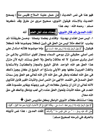 ~
٣
~
‫ﺍﻟﺤﺪﻳﺚ‬ ‫ﻧﺺ‬ ‫ﻓﻲ‬ ‫ﻫﻨﺎ‬ ‫ﻓﻬﻮ‬
)
‫ﻣﻦ‬
‫ﺣﻤﻞ‬
‫ﻋﻠﻴﻨﺎ‬
‫ﺍﻟﺴﻼﺡ‬
‫ﻓﻠﻴﺲ‬
‫ﻣﻨﺎ‬
(
‫ﻳﺼﺤﺢ‬
‫ﺍﻟﻨﻮﻭﻱ‬ ‫ﻓﻴﻘﻮﻝ‬ ‫ﺑﺎﻹﺳﻨﺎﺩ‬ ‫ﺍﻟﺤﺪﻳﺚ‬
:
‫ﺫﻛﺮﻫﺎ‬ ‫ﻭﻗﺪ‬ ‫ﻃﺮﻕ‬ ‫ﻣﻦ‬ ‫ﻣﺮﻭﻱ‬ ‫ﺻﺤﻴﺢ‬
‫ﻣﺴﻠﻢ‬
-
‫ﺍﷲ‬ ‫ﺭﺣﻤﻪ‬
-
‫ﻫﺬﺍ‬ ‫ﺑﻌﺪ‬
}
‫ﻗﻠﺖ‬
‫ﺍﻟﻨﻮﻭﻱ‬ ‫ﻗﺎﻝ‬ ‫ﺛﻢ‬ ‫ﺍﻟﻤﺪﻭﻥ‬
:
‫ﻭﻣﻌﻨﺎﻩ‬
‫ﻋﻨﺪ‬
‫ﺃﻫﻞ‬
‫ﺍﻟﻌﻠﻢ‬
‫ﺃﻧﻪ‬
١
.
‫ﺑﻬﺪﻳﻨﺎ‬ ‫ﺍﻫﺘﺪﻯ‬ ‫ﻣﻤﻦ‬ ‫ﻟﻴﺲ‬
-
‫ﻭﻋﻤﻠﻨﺎ‬ ‫ﺑﻌﻠﻤﻨﺎ‬ ‫ﻭﺍﻗﺘﺪﻯ‬
-
‫ﻃﺮﻳﻘﺘﻨﺎ‬ ‫ﻭﺣﺴﻦ‬
‫ﺛ‬
‫ﻢ‬
‫ﻳﻀﺮﺏ‬
‫ﺷﻜﻼ‬ ‫ﻓﺄﻣﺎ‬ ‫ﻭﻣﻮﺿﻮﻋﺎ‬ ‫ﺷﻜﻼ‬ ‫ﺷﻴﺊ‬ ‫ﻓﻲ‬ ‫ﺍﻟﺤﻖ‬ ‫ﻣﻦ‬ ‫ﻟﻴﺲ‬ ‫ﻣﺜﻼ‬ ‫ﻟﺬﻟﻚ‬
‫ﻓﻴﻘﻮﻝ‬
:
‫ﻛﲈ‬
‫ﯾﻘﻮل‬
‫ﻞ‬ ‫اﻟﺮ‬
‫ﻩ‬ ‫ﻟﻮ‬
‫ٕذا‬‫ا‬
‫ﱂ‬
‫ﺮض‬
‫ﻓﻌ‬
:
‫ﻟﺴﺖ‬
‫ﻣﲏ‬
،
‫ﻋﻠﻲ‬ ‫ﺍﺳﺘﺪﻝ‬ ‫ﻓﻸﻧﻪ‬ ‫ﻣﻮﺿﻮﻋﺎ‬ ‫ﻭﺃﻣﺎ‬
‫ﻧﺰ‬ ‫ﺣﻘﻴﻘﻲ‬ ‫ﺃﺻﻠﻲ‬ ‫ﻧﺺ‬
‫ﻝ‬
‫ﺍﺳﺘﺜﻨﺎﺋﻲ‬ ‫ﻟﻐﻮﻱ‬ ‫ﺑﻤﺠﺎﺯ‬ ‫ﺍﻟﺴﻤﺎﺀ‬ ‫ﺑﻮﺣﻲ‬
‫ﻣﻦ‬ ‫ﺑﻼﻏﻲ‬
‫ﻣﻨﺰﻝ‬ ‫ﻷﻥ‬ ‫ﺇﻟﻴﻪ‬ ‫ﻳﺴﺘﻨﺪ‬ ‫ﺍﻟﺤﻖ‬ ‫ﻭﻻ‬ ‫ﺑﺎﻟﺤﻖ‬ ‫ﻋﻼﻗﺔ‬ ‫ﻟﻪ‬ ‫ﻻ‬ ‫ﻣﺼﻨﻮﻉ‬ ‫ﺑﺸﺮﻱ‬ ‫ﺃﺻﻞ‬
‫ﻭﺍﻻﺳﺘﻌﺎﺭﺓ‬ ‫ﻭﺍﻟﻜﻨﺎﻳﺔ‬ ‫ﻭﺍﻟﻤﺠﺎﺯ‬ ‫ﺍﻟﺒﻠﻴﻎ‬ ‫ﺧﺎﻟﻖ‬ ‫ﺍﻟﻮﺍﺣﺪ‬ ‫ﺍﷲ‬ ‫ﻫﻮ‬ ‫ﺍﻟﺤﻖ‬ ‫ﻫﺬﺍ‬
‫ﺑﺎﺳﺘﺦ‬ ‫ﺍﻷﻭﻟﻲ‬ ‫ﻭﻫﻮ‬ ‫ﻛﻠﻬﺎ‬ ‫ﺍﻟﻌﺮﺑﻴﺔ‬ ‫ﻭﺍﻟﻠﻐﺔ‬

‫ﺫﻟﻚ‬ ‫ﻳﺠﻮﺯ‬ ‫ﻛﺎﻥ‬ ‫ﺇﻥ‬ ‫ﺍﻟﺒﻠﻴﻎ‬ ‫ﺍﻡ‬
‫ﻭ‬ ‫ﺍﻟﺤﻖ‬ ‫ﻫﻮ‬ ‫ﺗﻌﺎﻟﻲ‬ ‫ﺍﷲ‬ ‫ﻷﻥ‬ ‫ﺍﷲ‬ ‫ﺣﻖ‬ ‫ﻓﻲ‬ ‫ﺑﺎﻃﻞ‬ ‫ﻟﻜﻨﻪ‬ ‫ﺍﷲ‬ ‫ﺣﻖ‬ ‫ﻓﻲ‬
‫ﺳﻤﺎﺕ‬ ‫ﻣﻦ‬
‫ﺍﻹﻟﻬﻲ‬ ‫ﺍﻟﻘﺼﺪ‬ ‫ﻓﻲ‬ ‫ﺍﻟﺼﺪﻕ‬ ‫ﺍﻟﺤﻖ‬
‫ﹴ‬
‫ﻞ‬‫ﺃﺻ‬ ‫ﺍﻟﻨﺺ‬ ‫ﻣﻦ‬
‫ﻭﺍﻟ‬
‫ﻟﻠ‬ ‫ﻗﺎﺑﻞ‬ ‫ﺍﻟﻐﻴﺮ‬ ‫ﺜﺒﺎﺕ‬
‫ﺘﺄﻭﻳﻞ‬
‫ﻓﻘﺪ‬ ‫ﻣﻘﺼﻮﺩﺓ‬ ‫ﻭﻳﻐﺎﻳﺮ‬ ‫ﻭﺟﻬﺘﻪ‬ ‫ﻏﻴﺮ‬ ‫ﺇﻟﻲ‬ ‫ﻛﻼﻣﻪ‬ ‫ﻳﺘﺤﻮﻝ‬ ‫ﺃﻥ‬ ‫ﺃﺫﻥ‬ ‫ﺇﻥ‬ ‫ﺗﻌﺎﻟﻲ‬ ‫ﻷﻧﻪ‬
‫ﺍﻟﺜﺒﺎﺕ‬ ‫ﺣﻘﻪ‬ ‫ﻓﻲ‬ ‫ﺍﻧﻌﺪﻡ‬
‫ﺣﻖ‬ ‫ﻓﻲ‬ ‫ﻭﺫﻟﻚ‬ ‫ﻭﺑﺎﻃﻞ‬ ‫ﻟﻌﺐ‬ ‫ﺇﻟﻲ‬ ‫ﻋﻨﺪﻩ‬ ‫ﺍﻟﺤﻖ‬ ‫ﻭﺗﺤﻮﻝ‬
‫ﻣﺤﺎﻝ‬ ‫ﺍﷲ‬
‫ﻣﻘﺎﻳﻴﺲ‬ ‫ﺑﻜﻞ‬ ‫ﺍﻟﺒﺎﻃﻞ‬ ‫ﺍﻟﻨﻮﻭﻱ‬ ‫ﻛﻼﻡ‬ ‫ﺍﺳﺘﺌﻨﺎﻑ‬ ‫ﻭﻫﺬﺍ‬
‫ﺍﻟﺤﻖ‬
:

‫ﻛﲈ‬
‫ﯾﻘﻮل‬
‫ﻞ‬ ‫اﻟﺮ‬
‫ﻩ‬ ‫ﻟﻮ‬
‫ٕذا‬‫ا‬
‫ﱂ‬
‫ﺮض‬
‫ﻓﻌ‬
:
‫ﻟﺴﺖ‬
‫ﻣﲏ‬
،
‫وﻫﻜﺬا‬
‫اﻟﻘﻮل‬
‫ﰲ‬
‫ﰻ‬
‫ﺎدﯾﺚ‬ ٔ ‫ا‬
‫اردة‬‫ﻮ‬‫اﻟ‬
‫ﺑﻨﺤﻮ‬
‫ﻫﺬا‬
‫اﻟﻘﻮل‬
،
‫ﻛﻘﻮ‬
-
‫ﺻﲆ‬
‫ﷲ‬
‫ﻠﯿﻪ‬
‫وﺳﲅ‬
-
:
"
‫ﻣﻦ‬
‫ﻏﺶ‬
‫ﺲ‬ ‫ﻓﻠ‬
‫ﺎ‬ ‫ﻣ‬
"
‫ﺷﺒﺎﻫﻪ‬ٔ‫و‬
}
‫ﺍﻟﻤﺪﻭﻥ‬ ‫ﻗﻠﺖ‬
:
‫ﻫ‬
‫ﺗﺄﻭﻳﻠﻪ‬ ‫ﻧﺺ‬ ‫ﺬﺍ‬
‫ﻣﺴﻠﻢ‬ ‫ﻟﺼﺤﻴﺢ‬ ‫ﺷﺮﺣﻪ‬ ‫ﻓﻲ‬ ‫ﺑﺎﻟﺤﺮﻑ‬
{
 