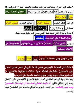 ~
٥
~
٣
.
‫ﻟﻪ‬ ‫ﻟﻴﺲ‬ ‫ﺍﻟﺬﻱ‬ ‫ﺍﻟﻔﺎﺩﺡ‬ ‫ﺑﺎﻟﺨﻄﺄ‬ ‫ﻧﺎﻃﻘﺔ‬ ‫ﺻﺎﺭﺧﺔ‬ ‫ﺑﻤﺨﺎﻟﻔﺔ‬ ‫ﺍﻟﻨﻮﻭﻱ‬ ‫ﻟﺠﺄ‬ ‫ﻛﻤﺎ‬
‫ﺗﻨﻈﻴﺮ‬ ‫ﺃﻭ‬ ‫ﺗﺒﺮﻳﺮ‬
‫ﻝ‬
‫ﻮ‬‫ﻓﺤ‬
‫ﺍﻟﺴﻴﺎﻕ‬
‫ﻣﻦ‬
‫ﺟﻤﻠﺔ‬
‫ﺍﻟﺸﺮﻁ‬
}
‫ﺍﻟﺸﺮﻁ‬ ‫ﺑﺄﺩﺍﺓ‬ ‫ﺍﻟﺒﺎﺩﺋﺔ‬
{
‫ﺑﻴﻦ‬
‫ﺫﺍﺕ‬
‫ﻭ‬
‫ﺫﺍﺕ‬
‫ﻣﻦ‬ ‫ﺃﻱ‬
‫ﻓﻌﻞ‬
‫ﺍﻟﺸﺮﻁ‬
‫ﺑﻘﺼﺪ‬
‫ﺍﻟﺬﺍﺕ‬
‫ﻭﺟﻮﺍﺏ‬
‫ﺍﻟﺸﺮﻁ‬
‫ﻟﻨﻔﺲ‬
‫ﺍﻟﺬﺍﺕ‬

‫ﺇﻟﻲ‬
‫ﺟﻤﻠﺔ‬
‫ﺷﺮﻃﻴﺔ‬
‫ﺑﻴﻦ‬
‫ﺫﺍﺕ‬
‫ﻭ‬
‫ﻭﻋﺮﺽ‬
.
‫ﻫﻤﺎ‬ ‫ﻭﺳﻠﻢ‬ ‫ﻋﻠﻴﻪ‬ ‫ﺍﷲ‬ ‫ﺻﻠﻲ‬ ‫ﺍﻟﻨﺒﻲ‬ ‫ﻗﺼﺪﻫﻤﺎ‬ ‫ﺍﻟﺘﻲ‬ ‫ﻭﺍﻟﺬﺍﺕ‬ ‫ﻓﺎﻟﺬﺍﺕ‬
:
١
.
‫ﺍﻟﻤﺆﻣﻨﻴﻦ‬ ‫ﻋﻠﻲ‬ ‫ﺍﻟﺴﻼﺡ‬ ‫ﺣﺎﻣﻞ‬
‫ﻛﻔﺎﻋﻞ‬
٢
.
‫ﻭﺑﻴﻦ‬
‫ﻧﻔﺲ‬
‫ﺍﻟﺬﺍﺕ‬
‫ﺍﻟﻤﺆﻣﻨﻴﻦ‬ ‫ﻋﻠﻲ‬ ‫ﺍﻟﺴﻼﺡ‬ ‫ﺍﻟﺤﺎﻣﻠﺔ‬
‫ﻛﺨﺎﺭﺟﺔ‬
‫ﻣﻦ‬
‫ﺍﻹﺳﻼﻡ‬
‫ﺣﻜﻤﺎ‬
‫ﻟﻜﻦ‬
‫ﺍﻟﺸﺮﻃﻴﺔ‬ ‫ﺍﻟﺠﻤﻠﺔ‬ ‫ﺟﻌﻞ‬ ‫ﺍﻟﻨﻮﻭﻱ‬
‫ﺑﻴﻦ‬
‫ﺫﺍﺕ‬
‫ﻭﻋﺮﺽ‬
‫ﺍﻟﺴﻼﺡ‬ ‫ﺣﺎﻣﻞ‬ ‫ﺍﻟﻨﺺ‬ ‫ﻓﻲ‬ ‫ﺍﻟﺘﻲ‬ ‫ﺍﻟﺬﺍﺕ‬ ‫ﻧﻔﺲ‬ ‫ﻫﻲ‬ ‫ﺍﻟﻨﻮﻭﻱ‬ ‫ﻗﺼﺪﻫﺎ‬ ‫ﺍﻟﺘﻲ‬ ‫ﻓﺎﻟﺬﺍﺕ‬
‫ﻣﻦ‬ ‫ﺑﺎﻟﺨﺮﻭﺝ‬ ‫ﺍﻟﻤﻌﺎﻗﺒﺔ‬ ‫ﺍﻟﺬﺍﺕ‬ ‫ﺣﻮﻝ‬ ‫ﻟﻜﻨﻪ‬ ‫ﻛﻔﺎﻋﻞ‬ ‫ﺍﻟﻤﺴﻠﻤﻴﻦ‬ ‫ﻋﻠﻲ‬
‫ﺃﻋﺮﺍﺿﻬﺎ‬ ‫ﻋﻠﻲ‬ ‫ﻣﻨﺼﺒﺎ‬ ‫ﺍﻟﺸﺮﻁ‬ ‫ﺟﻮﺍﺏ‬ ‫ﻭﺟﻌﻞ‬ ‫ﻋﻠﻴﻬﺎ‬ ‫ﻣﺒﻘﻴﺎ‬ ‫ﺍﻟﻤﺴﻠﻤﻴﻦ‬
‫ﺍﻧﺼ‬ ‫ﻋﻠﻴﻪ‬ ‫ﺗﺴﻬﻞ‬ ‫ﻣﻨﺎﻫﺞ‬ ‫ﻋﺪﺓ‬ ‫ﺇﻟﻲ‬ ‫ﻳﻠﺠﺄ‬ ‫ﻫﻨﺎ‬ ‫ﻭﻫﻮ‬
‫ﺍﻷﺯﻣﺎﻥ‬ ‫ﻛﻞ‬ ‫ﻓﻲ‬ ‫ﺍﻟﻘﺎﺭﺉ‬ ‫ﻴﺎﻉ‬
‫ﺍﻟﻔﺞ‬ ‫ﺍﻟﺘﺨﻠﻲ‬ ‫ﺇﻟﻲ‬ ‫ﺑﻌﺪﻩ‬
-
‫ﺃ‬ ‫ﻟﻜﻨﻲ‬ ‫ﺃﺗﻬﻤﻪ‬ ‫ﻻ‬
‫ﺍﻟﻤﺴﻠﻤﻴﻦ‬ ‫ﺣﺎﻝ‬ ‫ﺇﻟﻴﻪ‬ ‫ﺁﻝ‬ ‫ﻣﺎ‬ ‫ﺻﻒ‬
‫ﺷﺎﻛﻠﻪ‬ ‫ﻭﻣﻦ‬ ‫ﺑﻌﺪﻩ‬
-
‫ﻓﻴﻤﺎ‬ ‫ﺍﻟﻤﺘﻀﻤﻦ‬ ‫ﻫﻮ‬ ‫ﻗﺼﺪﻩ‬ ‫ﺇﻟﻲ‬ ‫ﻭﺭﺳﻮﻟﻪ‬ ‫ﺍﷲ‬ ‫ﻗﺼﺪ‬ ‫ﻋﻦ‬
‫ﺑﻌﺪ‬
...
 