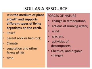 SOIL AS A RESOURCE
It is the medium of plant
growth and supports
different types of living
organisms on the earth.
• Relief
• parent rock or bed rock,
• Climate
• vegetation and other
forms of life
• time
FORCES OF NATURE
• change in temperature,
• actions of running water,
• wind
• glaciers,
• activities of
decomposers
• Chemical and organic
changes
 