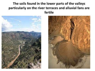 The soils found in the lower parts of the valleys
particularly on the river terraces and alluvial fans are
fertile
 