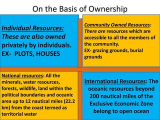 On the Basis of Ownership
Individual Resources:
These are also owned
privately by individuals.
EX- PLOTS, HOUSES
Community Owned Resources:
There are resources which are
accessible to all the members of
the community.
EX- grazing grounds, burial
grounds
National resources: All the
minerals, water resources,
forests, wildlife, land within the
political boundaries and oceanic
area up to 12 nautical miles (22.2
km) from the coast termed as
territorial water
International Resources: The
oceanic resources beyond
200 nautical miles of the
Exclusive Economic Zone
belong to open ocean
 