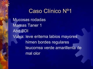 Caso Clínico Nº1 Mucosas rodadas Mamas Taner 1 Abd BDI Vulva: leve eritema labios mayores  himen bordes regulares leucorrea verde amarillenta de mal olor  