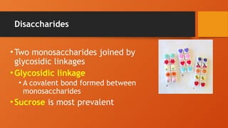 Disaccharides
•Two monosaccharides joined by
glycosidic linkages
•Glycosidic linkage
• A covalent bond formed between
monosaccharides
•Sucrose is most prevalent
 
