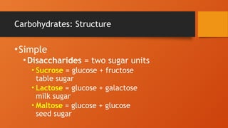 Carbohydrates: Structure
•Simple
•Disaccharides = two sugar units
• Sucrose = glucose + fructose
table sugar
• Lactose = glucose + galactose
milk sugar
• Maltose = glucose + glucose
seed sugar
 