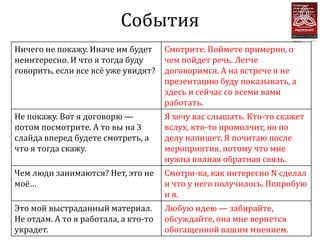 События
Ничего не покажу. Иначе им будет      Смотрите. Поймете примерно, о
неинтересно. И что я тогда буду       чем пойдет речь. Легче
говорить, если все всё уже увидят?    договоримся. А на встрече я не
                                      презентацию буду показывать, а
                                      здесь и сейчас со всеми вами
                                      работать.
Не покажу. Вот я договорю —           Я хочу вас слышать. Кто-то скажет
потом посмотрите. А то вы на 3        вслух, кто-то промолчит, но по
слайда вперед будете смотреть, а      делу напишет. Я почитаю после
что я тогда скажу.                    мероприятия, потому что мне
                                      нужна полная обратная связь.
Чем люди занимаются? Нет, это не      Смотри-ка, как интересно N сделал
моё…                                  и что у него получилось. Попробую
                                      и я.
Это мой выстраданный материал.        Любую идею — забирайте,
Не отдам. А то я работала, а кто-то   обсуждайте, она мне вернется
украдет.                              обогащенной вашим мнением.
 