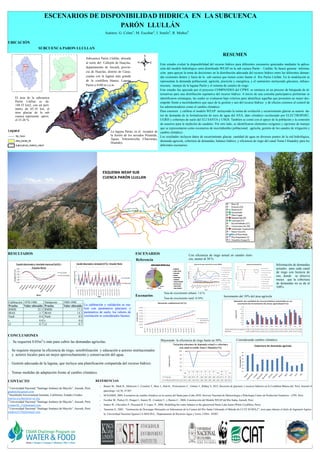 RESUMEN
Este estudio evaluó la disponibilidad del recurso hídrico para diferentes escenarios generados mediante la aplica-
ción del modelo hidrológico semi distribuido WEAP en la sub cuenca Parón – Llullán. Se buscó generar informa-
ción para apoyar la toma de decisiones en la distribución adecuada del recurso hídrico entre las diferentes deman-
das existentes dentro y fuera de la sub cuenca que tienen como fuente el Rio Parón Llullán. En la modelación se
representan la demanda poblacional, agrícola, piscícola y energética, y el suministro incluyendo glaciares, infraes-
tructura, manejo de la laguna Parón y el sistema de canales de riego.
Este estudio fue apoyado por el proyecto COMPANDES del CPWF, se enmarca en un proceso de búsqueda de al-
ternativas para una distribución equitativa del recurso hídrico. A través de una consulta participativa preliminar se
identificaron estrategias, las cuales se evaluaron bajo criterios para identificar aquellas que presenten un mejor des-
empeño frente a incertidumbres que nace de la gestión y uso del recurso hídrico y de efectos externos al control de
los administradores como el cambio climático.
Para construir y calibrar el modelo WEAP incluyendo la rutina de evolución y escurrimiento glaciar se usaron da-
tos de demanda de la formalización de usos de agua del ANA, dato climático recolectado por ELECTROPERÚ,
UGRH y cobertura de suelo del ELI SANTA y USGS. También se contó con el apoyo de la población y la comisión
de usuarios para la medición de caudales. Por otro lado, se identificaron elementos exógenos y opciones de manejo
que se representaron como escenarios de incertidumbre poblacional, agrícola, gestión de los canales de irrigación y
cambio climático.
Los resultados incluyen datos de escurrimiento glaciar, cantidad de agua en diversos puntos de la red hidrológica,
demanda agrícola, cobertura de demandas, balance hídrico, y eficiencia de riego del canal Toma I Huandoy para los
diferentes escenarios.
ESCENARIOS DE DISPONIBILIDAD HIDRICA EN LA SUBCUENCA
PARÓN LLULLÁN
UBICACIÓN
RESULTADOS
CONCLUSIONES
CONTACTO
1
Universidad Nacional “Santiago Antúnez de Mayolo”, Ancash, Perú.
gladistch@gmail.com
2
Stockholm Environment Institute, California, Estados Unidos.
marisa.escobar@sei-us.org
3
Universidad Nacional “Santiago Antúnez de Mayolo”, Ancash, Perú.
ivonne30_11@hotmail.com
4
Universidad Nacional “Santiago Antúnez de Mayolo”, Ancash, Perú.
randym3110@hotmail.com
SUBCUENCA PARON LLULLAN
Subcuenca Parón Llullán, ubicada
al norte del Callejón de Huaylas,
departamento de Ancash, provin-
cia de Huaylas, distrito de Caraz,
cuanta con la laguna más grande
de la cordillera blanca, Laguna
Parón a 4100 m.s.n.m.
La laguna Parón, es el receptor de
la fusión de los nevados Piramide,
Aguja, Artesoncocha, Chacraraju,
Huandoy.
El área de la subcuenca
Parón Llullan es de:
144.35 km2, con un perí-
metro de 65.18 km, el
área glaciar de la sub
cuenca representa aprox.
el 23.26 %
REFERENCIAS
 Baraer M., Mark B., Mckenzie J., Condom T., Bury J., Huh K., Portocarrero C., Gómez J., Rathay S. 2012, Recesión de glaciares y recursos hídricos en la Cordillera Blanca del Perú. Journal of
glaciology, vol 58, N°207.
 SENAMHI, 2009, Escenarios de cambio climático en la cuenca del Santa para el año 2030, Servicio Nacional de Meteorología e Hidrología Centro de Predicción Numérica – CPN, Perú.
 Escobar M., Purkey D., Pouget J., Suarez W., Condom T., y Ramos C., 2008, Construcción del Modelo WEAP del Río Santa, Ancash, Perú.
 Suarez W., Chevallier P., Pouyand B. Y Lopez. P., 2008, Modelling the water balance in the glacierized Parón Lake basin (White Cordillera, Peru).
 Tarazona S., 2005, “Generación de Descargas Mensuales en Subcuencas de la Cuenca del Río Santa Utilizando el Método de LUTZ SCHOLZ”, tesis para obtener el título de Ingeniero Agríco-
la, Universidad Nacional Agraria LA MOLINA, Departamento de Recursos Agua y Tierra, LIMA - PERÚ.
Autores: G. Celmi1
; M. Escobar2
; I. Sotelo3
; R. Muñoz4
.
ESCENARIOS
Calibración 1978-1988 Validación 1989-1998
Prueba Valor obtenido Prueba Valor obtenido
RMSE 25.3 RMSE 17.5
BIAS -3.7 BIAS 14.3
Nash 0.4 Nash 0.9
r 0.8 r 0.8
r2 0.7 r2 0.7
La calibración y validación se rea-
lizó con parámetros glaciares y
parámetros de suelo, los valores de
correlación se considerados buenos.
Referencia
Información de demandas
actuales para cada canal
de riego con licencia de
uso, donde se observa
meses que la cobertura
de demandas no se da al
100%.
Escenarios
Con eficiencia de riego actual en canales rústi-
cos, menor al 30 %
Incremento del 10% del área agrícola
Mejorando la eficiencia de riego hasta un 50%.
Tasa de crecimiento urbano: 1.6 %
Tasa de crecimiento rural: 0.54%
 Se requerirá 0.05m3
/s más para cubrir las demandas agrícolas.
 Se requiere mejorar la eficiencia de riego, sensibilización y educación a actores institucionales
y actores locales para un mejor aprovechamiento y conservación del agua.

 Gestión adecuada de la laguna, que incluya una planificación compartida del recurso hídrico.
 Tomar medidas de adaptación frente al cambio climático.
Considerando cambio climático.
 