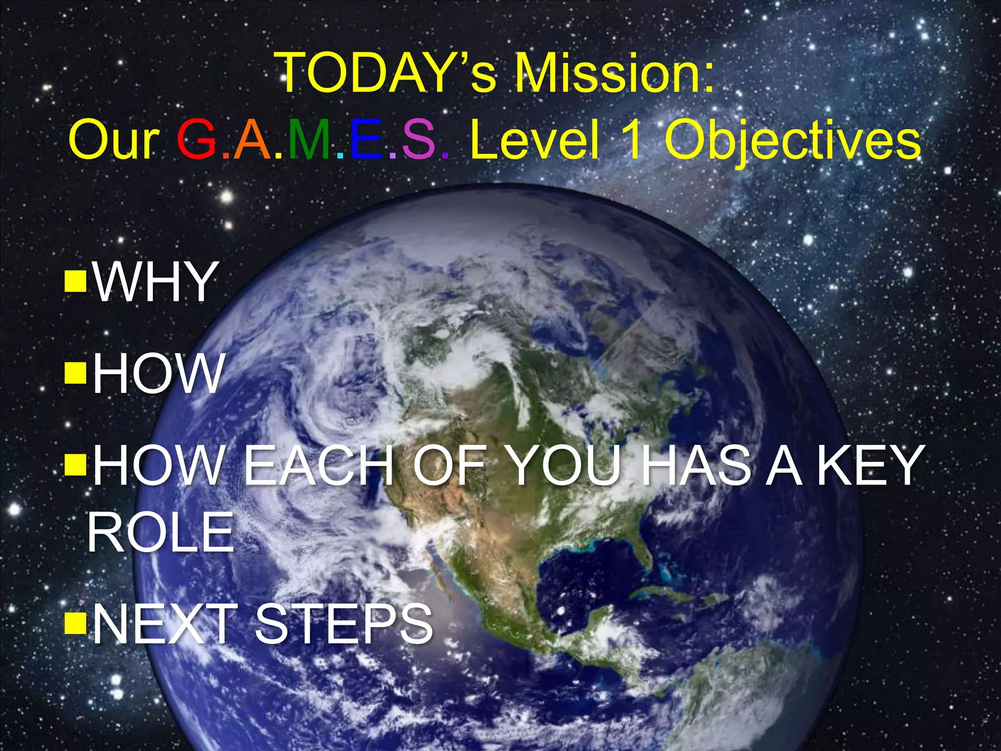 TODAY’s Mission:
Our G.A.M.E.S. Level 1 Objectives
WHY
HOW
HOW EACH OF YOU HAS A KEY
ROLE
NEXT STEPS
 