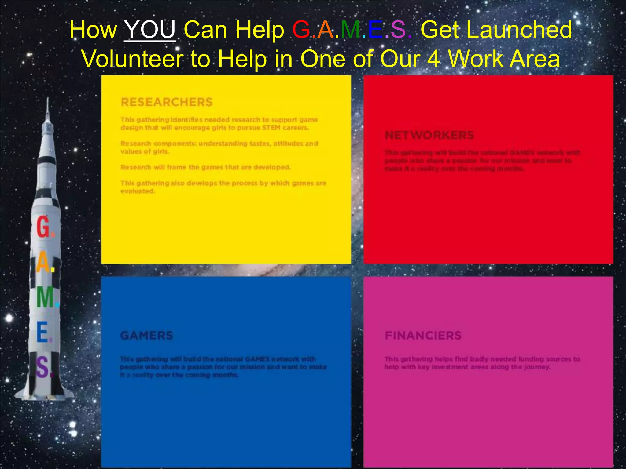 How YOU Can Help G.A.M.E.S. Get Launched
Volunteer to Help in One of Our 4 Work Area
 